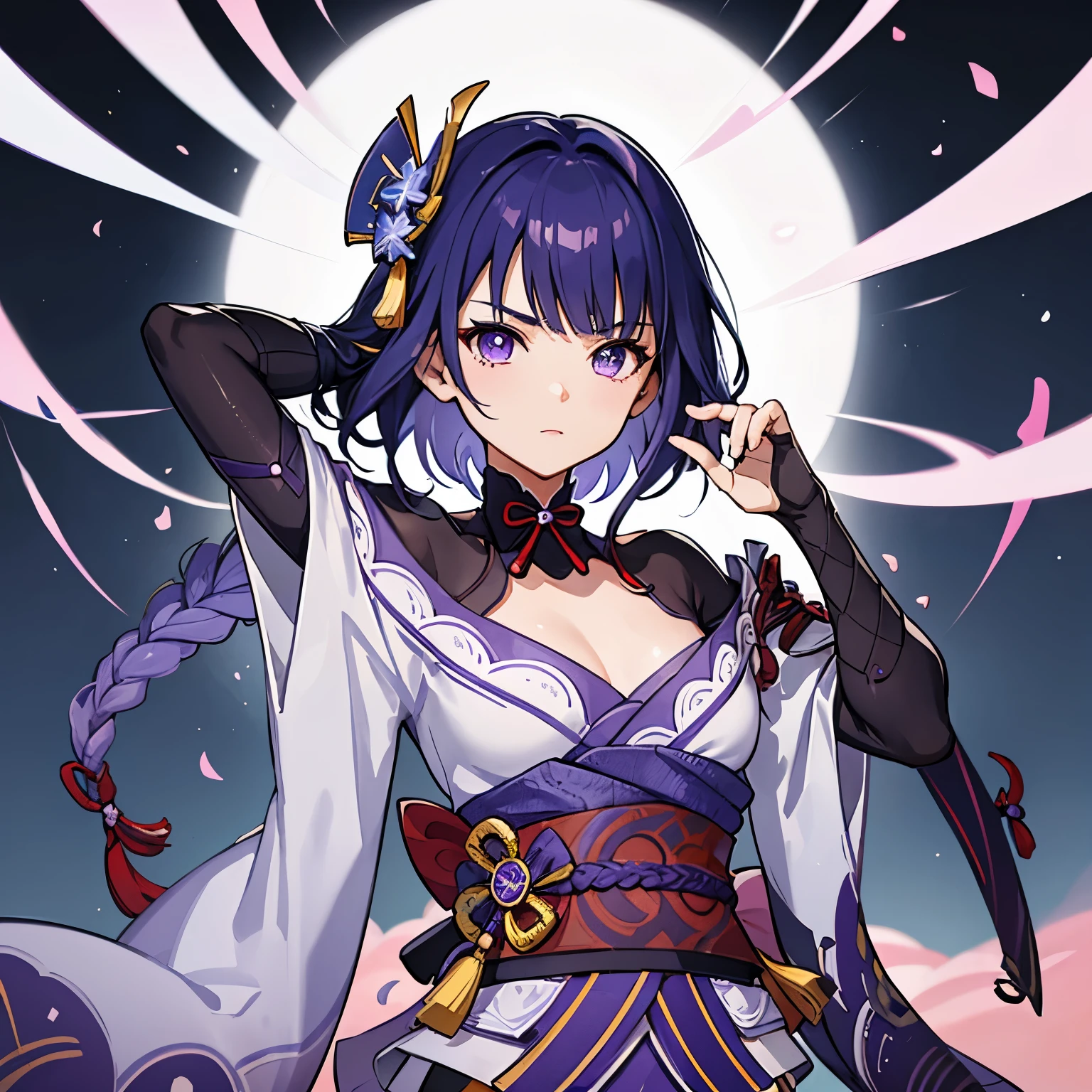 Makoto, a , hair like raiden shogun mixed with black , a 4 , cute, perfect face, wear a pink kimono, short hair,