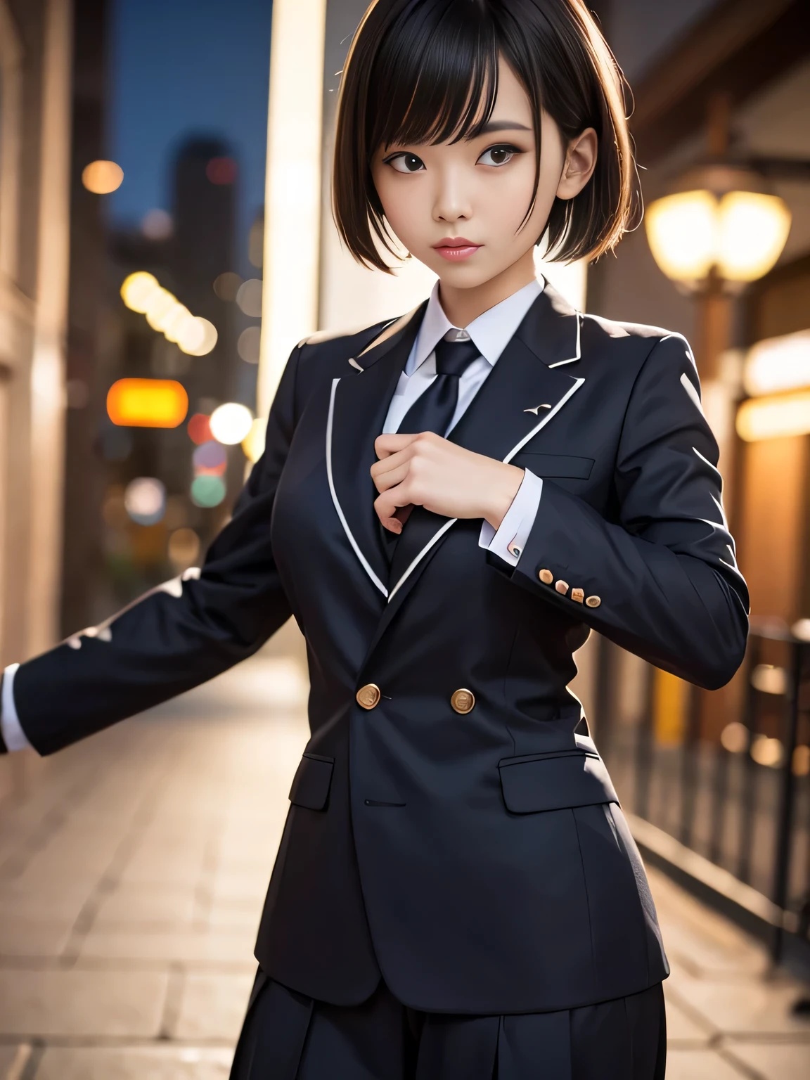 18 year old high school girl、blazer uniform、Hold the Japanese sword in the middle position、stern expression、Short bob with black hair、Big city landscape at night