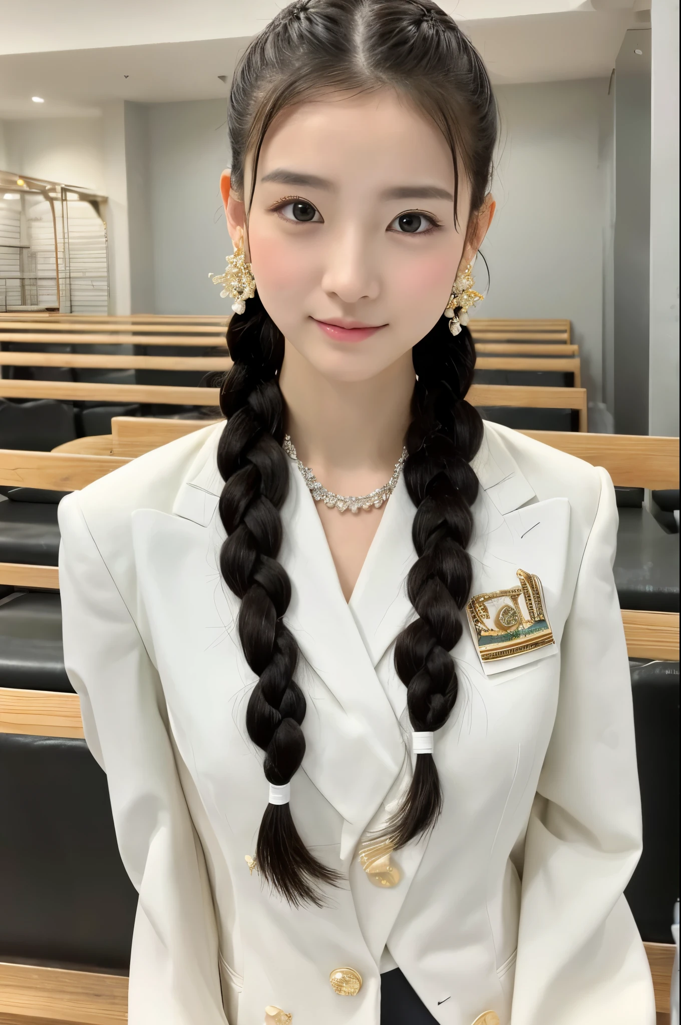 A classical beauty in pure white gymnastic uniform, Tokyo, with two thin twisted braids, soft appearance, beautiful clear eyes, exquisite necklace and earrings, inside the gymnasium, the ultimate in detail, beautiful feet, as photo-realistic!