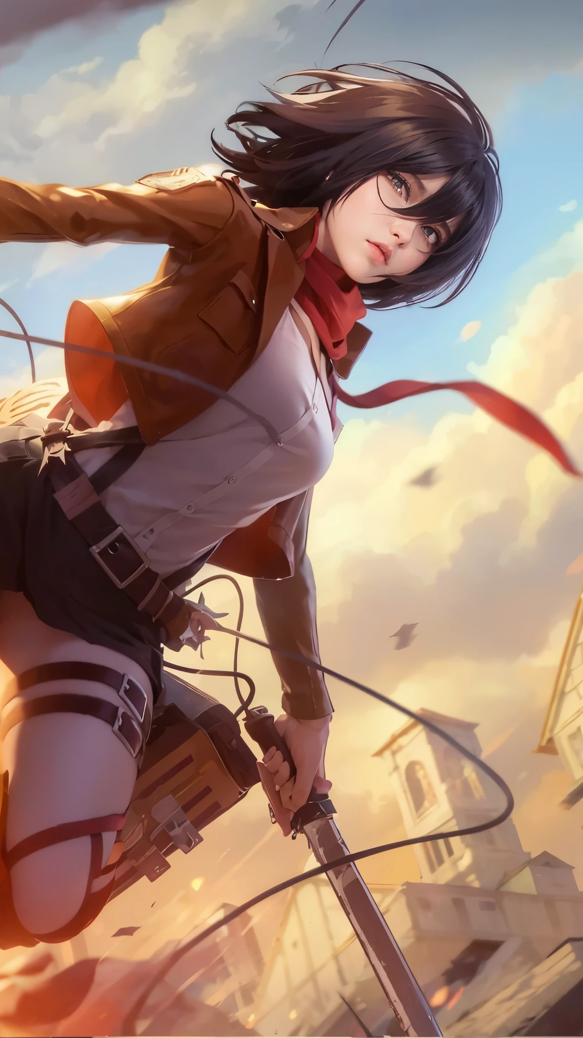 "master part, melhor qualidade, Altas, Hmmikasa, short hair, olhos negros, echarpe, emblema, belt, thigh strap, red scarf, white pant, jaqueta marrom, mangas compridas, segurando arma, espada, ao ar livre, fundo muito detalhado, mikasa ackerman, shingeki no kyojin, 1girl, franja, cinto, fivela de cinto, olhos pretos, cabelo preto, cinto marrom, jaqueta marrom, fivela, camisa social, cabelo entre os olhos, jaqueta, mangas longas, mid hair, roupas abertas, jaqueta aberta, boca aberta, paradis uniforme militar, red scarf, cachecol, camisa, solo, standingn, cabelo liso, suspenders, equipamento de manobra tridimensional, fundo branco, camisa branca, colarinho de asa, obra-prima."