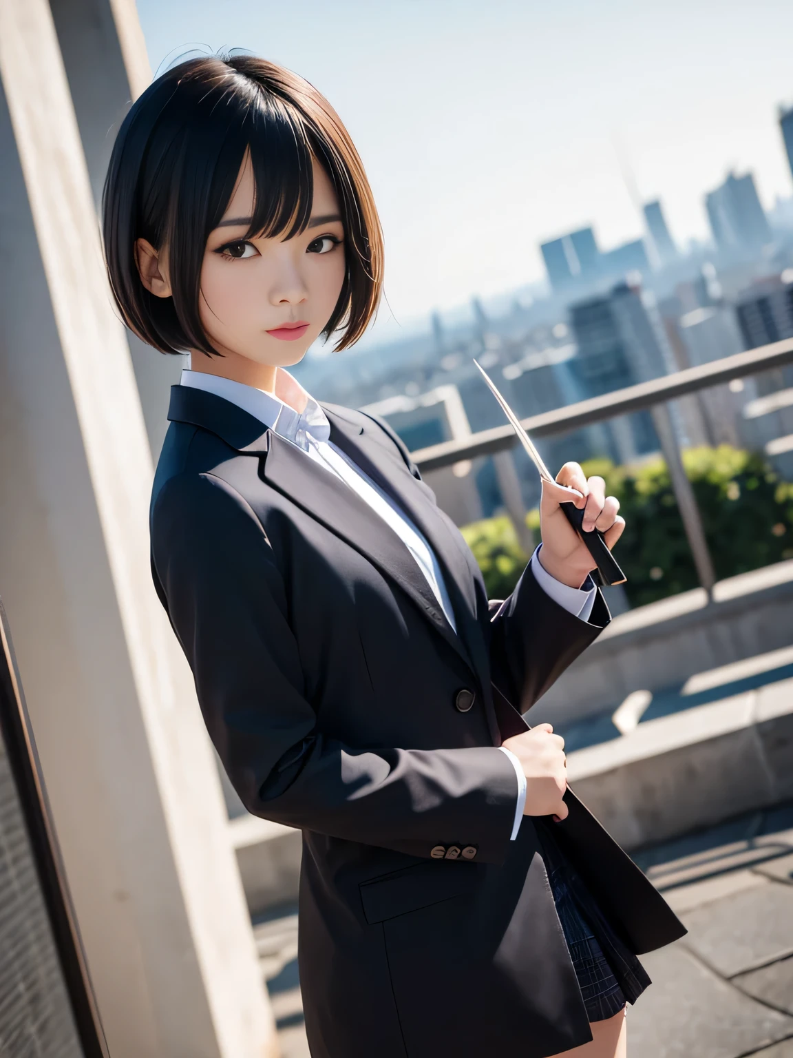 Japan holding a sword、Point the tip of the sword at the camera.、18 year old high school girl、blazer uniform、stern expression、Short bob with black hair、Big city landscape at night