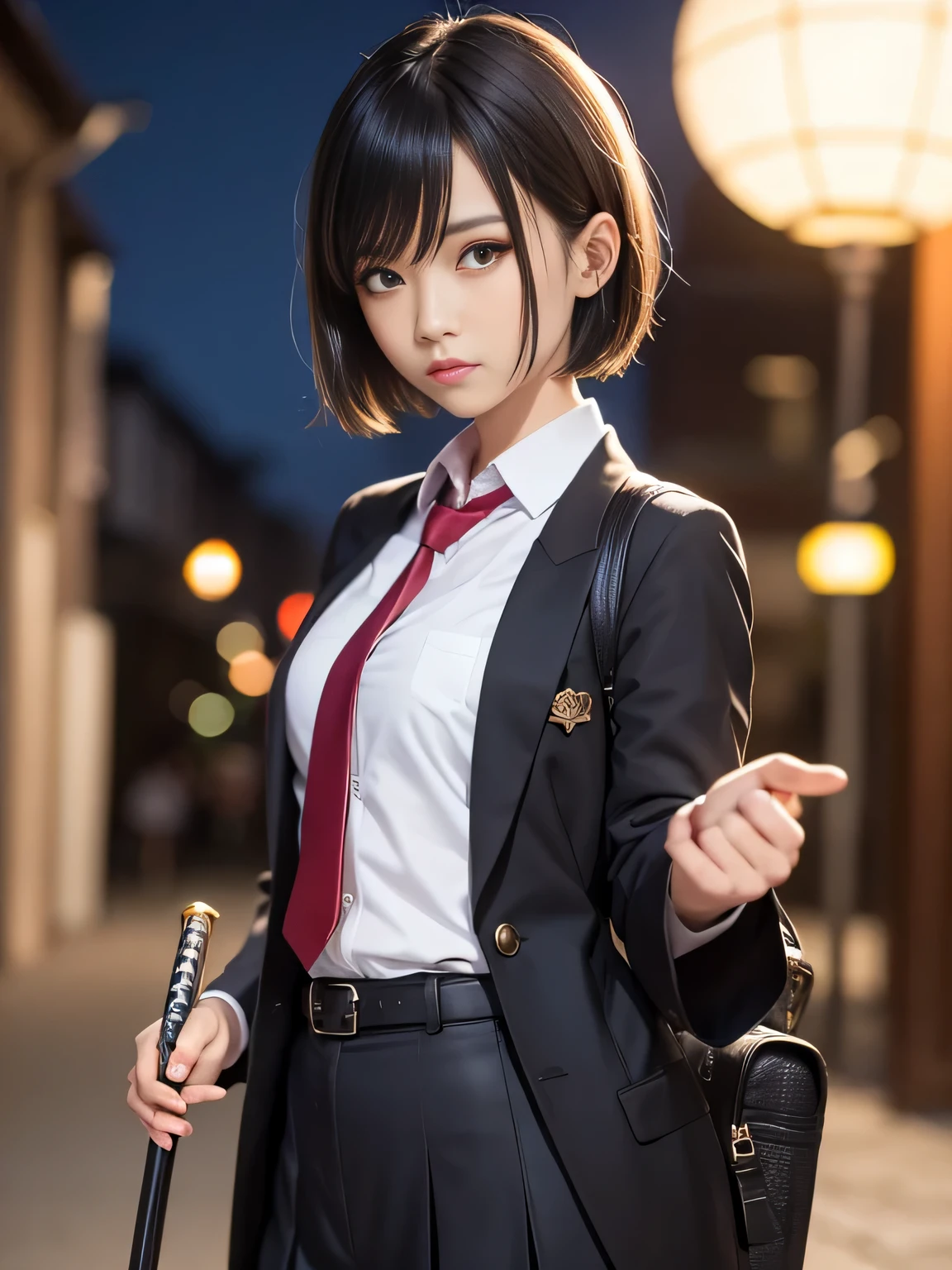 Japan holding a sword、Point the tip of the sword at the camera.、18 year old high school girl、blazer uniform、stern expression、Short bob with black hair、Big city landscape at night