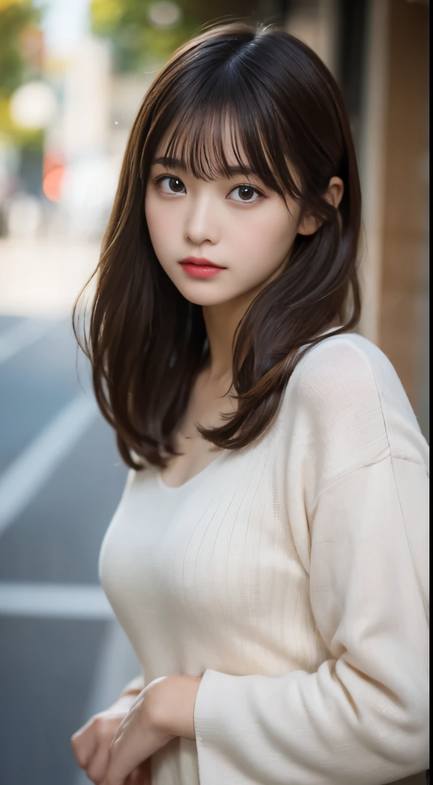 table top, highest quality, figure, super detailed, finely, High resolution, 8k wallpaper, 完璧なダイナミックな構figure, beautiful and fine eyes, Women's Fashion Autumn,medium hair,small breasts natural color lip,,Harajuku、20 year old girl、cute、sexy shot looking at camera、autumn's、Wood Bright、Transparency、Face of sadness、Bleach Color、Roots Color、Shador Arts、Color Sweep