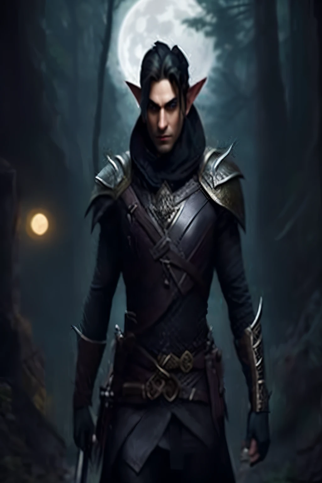 man in a dark forest with a sword and full moon, Male Elf Ranger, male elf, красивый male elf, Elven Man, a portrait of male elf, as character dnd, wood elf male robber, Персонаж Dungeons anD Dragons, Caleb from Critical Role, tiefling rogue, dark Elf, I am the deciding factor, dark fantasy character design, Elf rogue with a rapier in the Middle Ages in leather armor man blond hair, large rapier, realistic, good quality, full heig