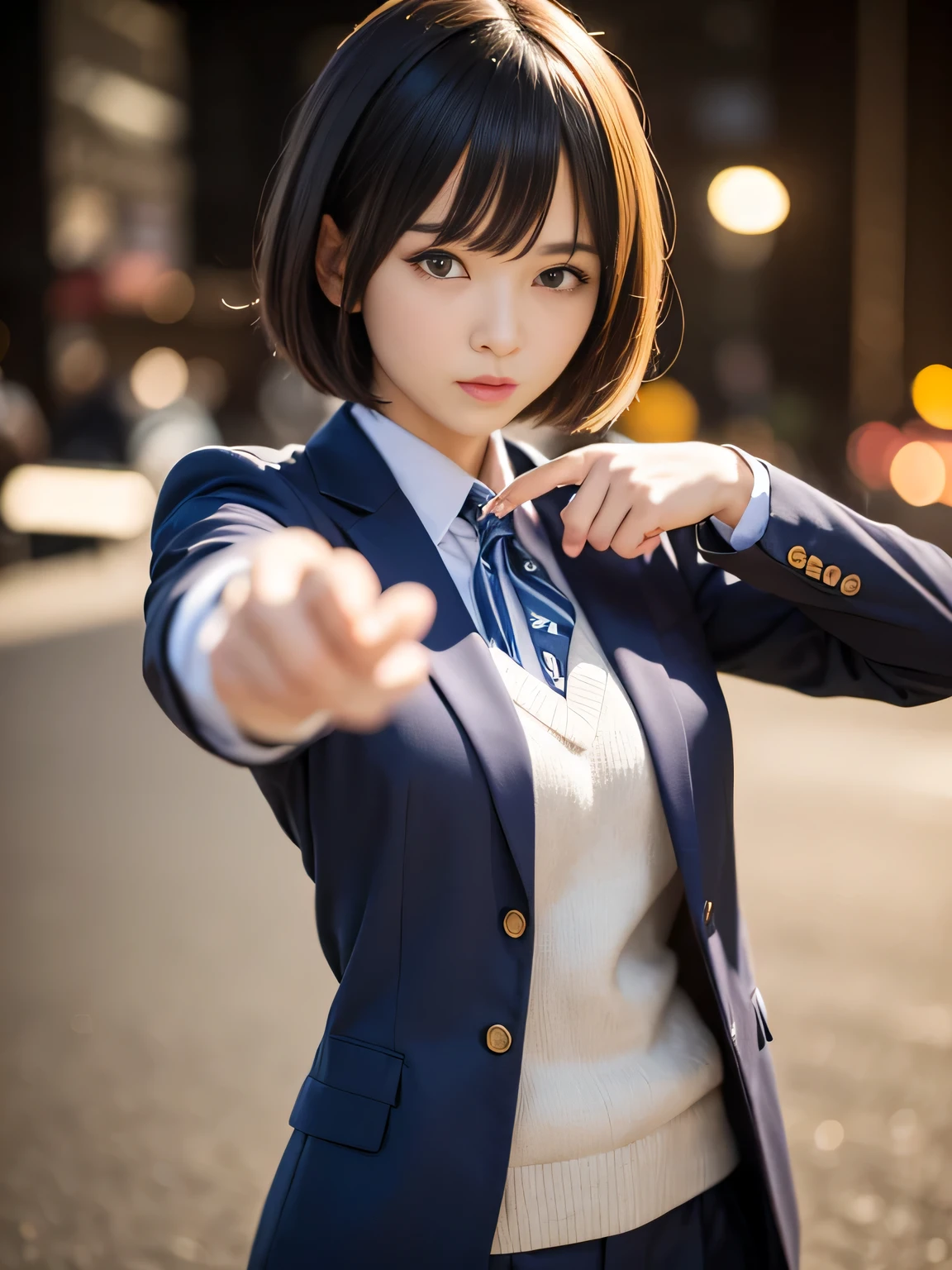 Japan holding a sword、Point the tip of the sword at the camera.、prepare for battle、18 year old high school girl、blazer uniform、stern expression、Short bob with black hair、Big city landscape at night