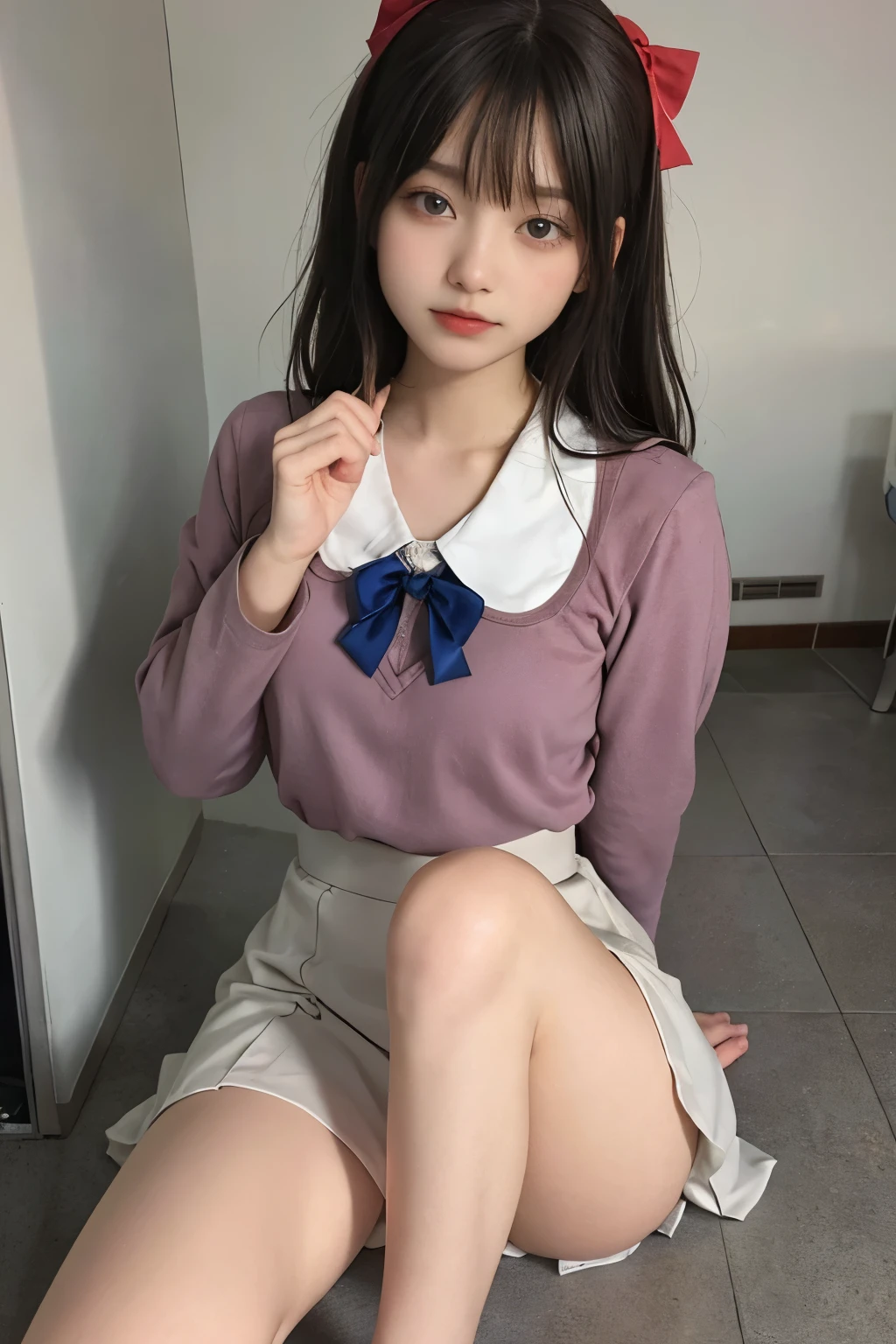 wearing short skirt、Alafid asian woman wearing bow tie sitting on train, cute schoolgirl, japanese schoolgirl, wearing japanese school uniform, japanese school uniform, a hyperactual schoolgirl, Dress up as a schoolgirl, hyperactual schoolgirl, Wearing school uniform, actual , girl wearing, Wearing school uniform, one poses, whole body, Good skin, glowing skin, beautiful thighs,glowing thighs, Glowing legs,six fingers