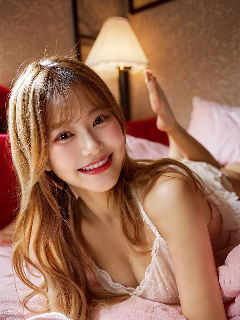 Berry Short Room on the bed After the bath playboy blonde laughing laughter smile My mouth is open Talking tilting one's head upward glance Mole on upper right lip double