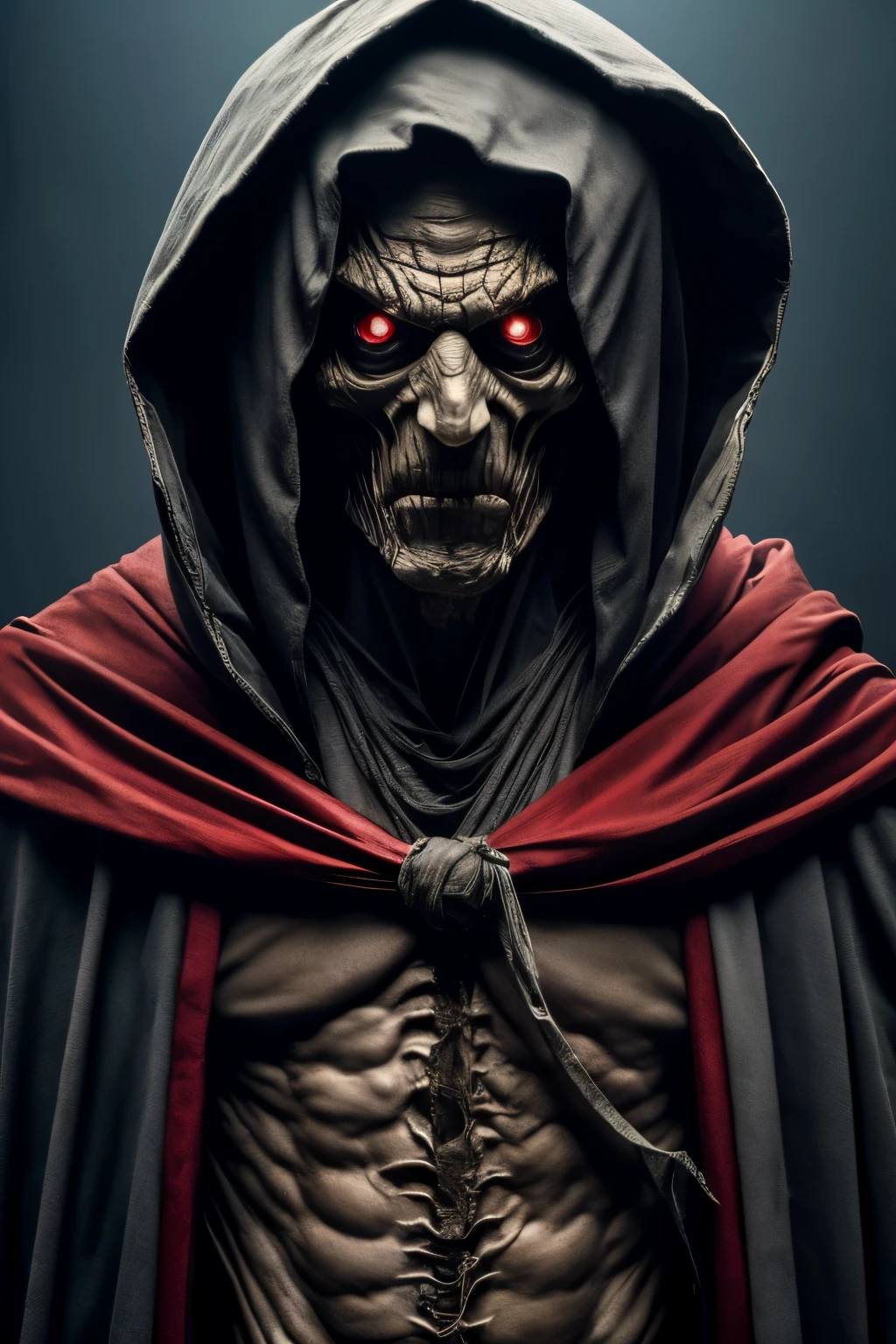 (masterpiece:1.2), absurdres, A photorealtic shot od Mumm-Ra,solo, decaying mummy,a malevolent and ancient sorcerer, , withered, shrouded in rotting bandages, emaciated body. grotesque, skin is a sickly grey, covered in tattered rotting bandages, is body is emaciated, his face is hidden by a hooded red robe, glowing sinister red eyes, malevolent, (highly detailed:1.3)