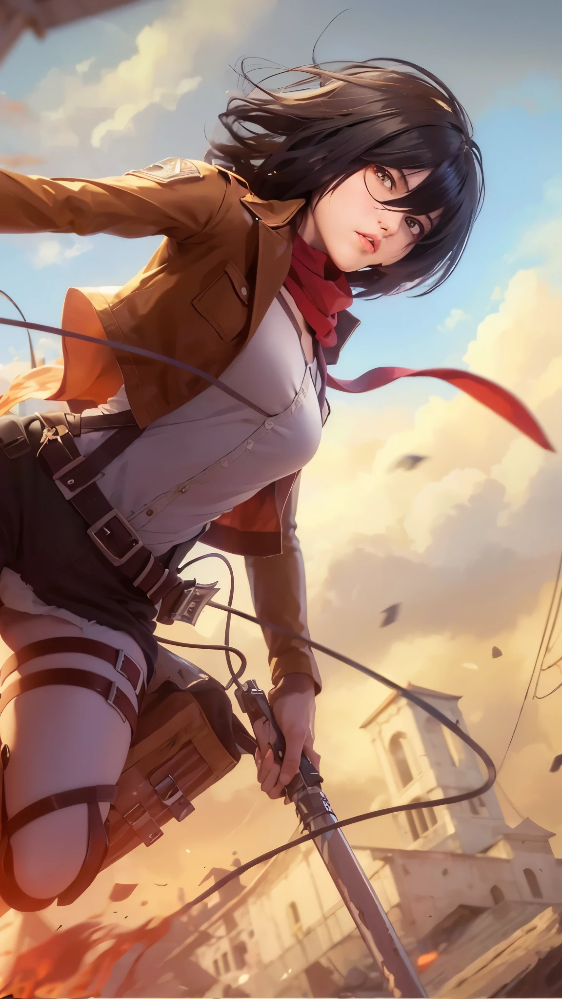 "master part, melhor qualidade, Altas, Hmmikasa, short hair, olhos negros, echarpe, emblema, belt, thigh strap, red scarf, white pant, jaqueta marrom, mangas compridas, segurando arma, espada, ao ar livre, fundo muito detalhado, mikasa ackerman, shingeki no kyojin, 1girl, franja, cinto, fivela de cinto, olhos pretos, cabelo preto, cinto marrom, jaqueta marrom, fivela, camisa social, cabelo entre os olhos, jaqueta, mangas longas, mid hair, roupas abertas, jaqueta aberta, boca aberta, paradis uniforme militar, red scarf, cachecol, camisa, solo, standingn, cabelo liso, suspenders, equipamento de manobra tridimensional, fundo branco, camisa branca, colarinho de asa, obra-prima."
