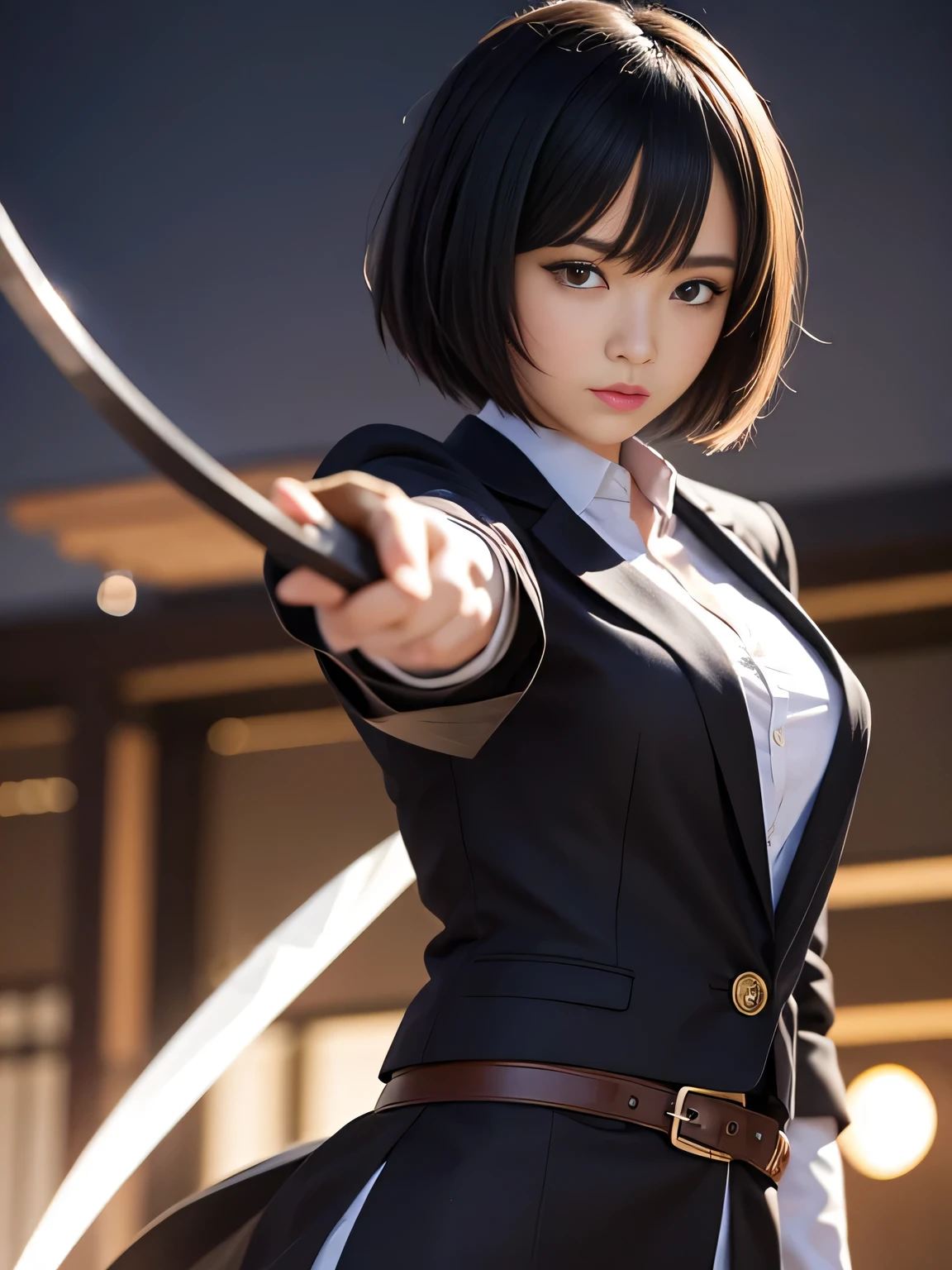 Japan holding a sword、Point the tip of the sword at the camera.、prepare for battle、18 year old high school girl、blazer uniform、stern expression、Short bob with black hair、Big city landscape at night