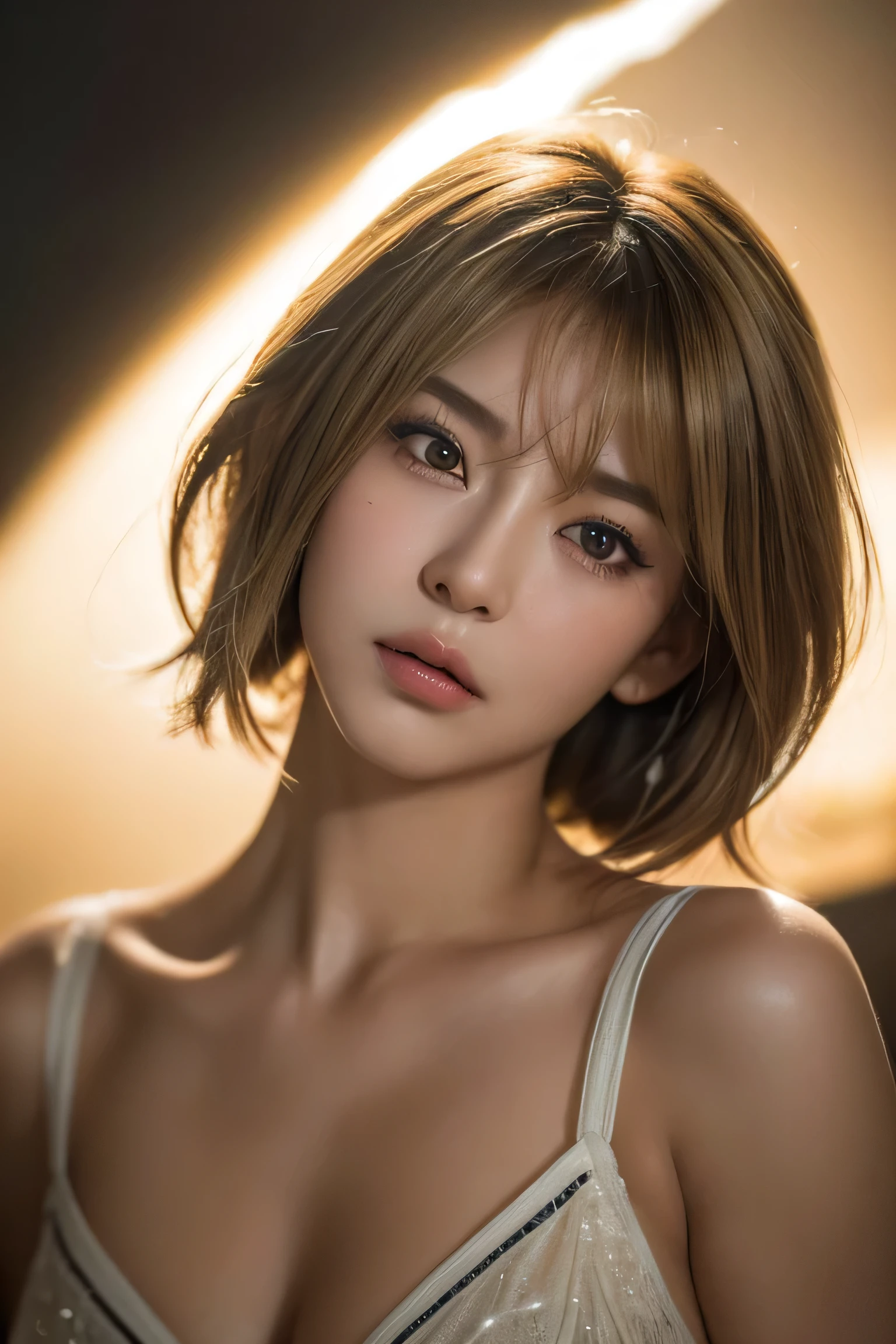 (masterpiece:1.2), Super detailed, ultra high resolution, (realistic, photo realistic:1.37), High-definition RAW color photos, professional photos, highly detailed face, very fine eyes, highly detailed skin, very fine fingers, highly detailed nose, highly detailed mouth, perfect anatomy, highly detailed background, (famous japanese actress:1.2), (Improve:1.35), (flat chest), (brown race, black skin, blonde hair:1.3), (Very short cut hair, Curl inside hair:1.2),(Emotional portrait photography), tears run down her face, born々ugly and vulnerable, Capturing the essence of loneliness and inner turmoil, whole body, cinematic lighting, (Edge of the world:1.7)