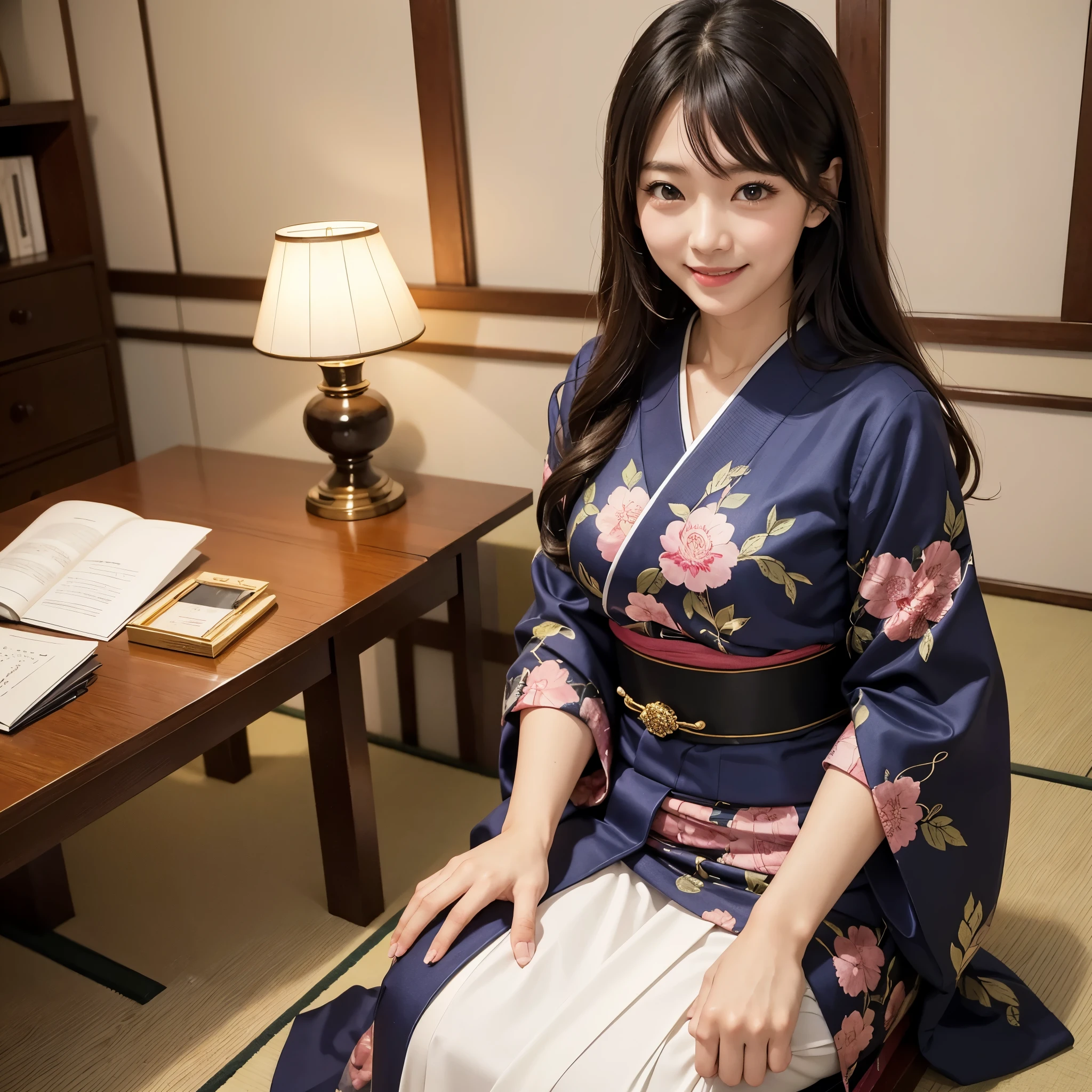 Japanese style room、((muste piece)), ((highest quality)), (Super detailed), model-like face、Beautiful woman、adult、Couture、hostess、smile