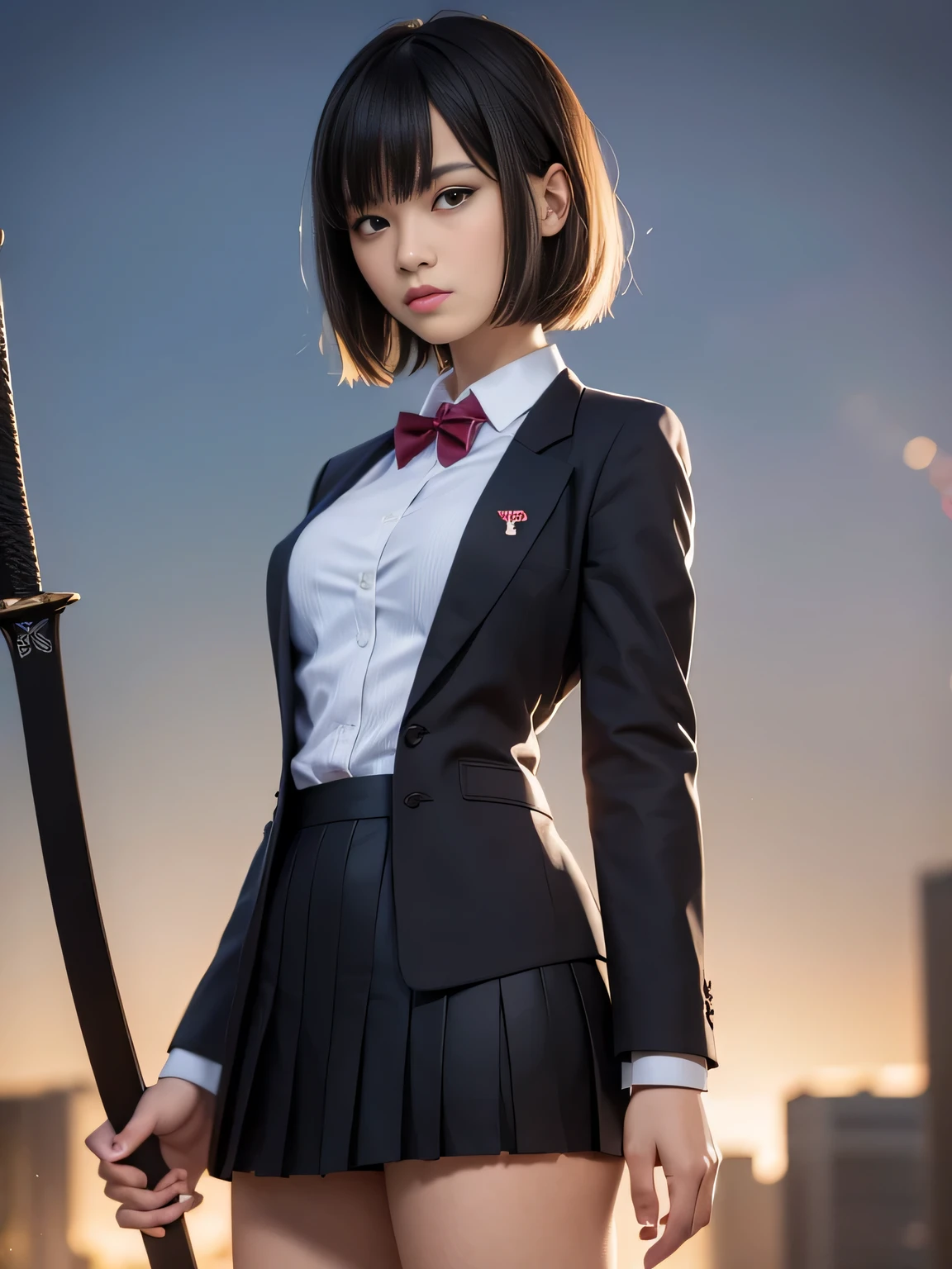 Japan holding a sword、Point the tip of the sword at the camera.、prepare for battle、18 year old high school girl、blazer uniform、stern expression、Short bob with black hair、Big city landscape at night