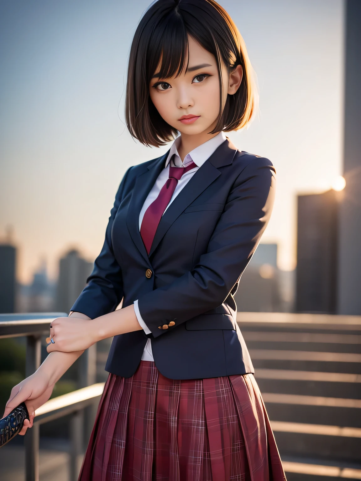 Japan holding a sword、Point the tip of the sword at the camera.、prepare for battle、18 year old high school girl、blazer uniform、stern expression、Short bob with black hair、Big city landscape at night