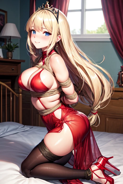 Shiny blond hair, loose hair, very long hair, sophisticated haircut, thin and oval face, very sexy and sophisticated transparent red dress, sexy red very transparent clothes, thighhigh stockings, embarrassed, submissive, nervous smile, cute and blushing 18 years old anime girl, look away because she is embarrassed and blushes, bright blue eyes, detailed face, detailed members, detailed arms, detailed hands, ((((sparkling diamond jewelry)))), tiara, ((makeup)), high heels, thighhigh stockings, puffy sleeves, long gloves, long eyelashes, long hair, blonde hair, ((((shiny red transparent dress)))),
Girl lying, tied by ropes, shackled, can no longer move, tied tightly, very hard tied up with lots of ropes, hampered by so many ropes that she can no longer move, bound hands and feet, ropes tie his whole body, tied extremely tightly and forcefully to her bed by a lot of ropes, its limbs are strongly tied together by ropes, his torso is tied up with thick cords, her chest is so tied up with ropes that it sticks out, her legs are tied tightly with thick ropes, his hands are tied behind his back with ropes, she can no longer move her feet, her hands which are tied by thick ropes, she desperately tries to free herself, likes to be tied tight with big ropes, likes to be immobilized by big ropes, lying down, his hands and feet are strongly tied to the railing of his bed, s&#39;lie in bed by big ropes, his legs are pressed together and tied with ropes, its limbs are held vigorously by imposing ropes, her hands are tied securely behind her back by ropes, her chest is compressed by strong ropes, she is pressed against her bed and restrained by large ropes
(shibari, arms behind the back:1.4), (hands on the back), (masterpiece, best quality) 1.5, 1girl, solo, (sexy, beautiful woman, perfect face, perfect eyes, perfect hands), samus aran, black leather dress, kneeling, (shibari, arms behind the back:1.4), (hands on the back)