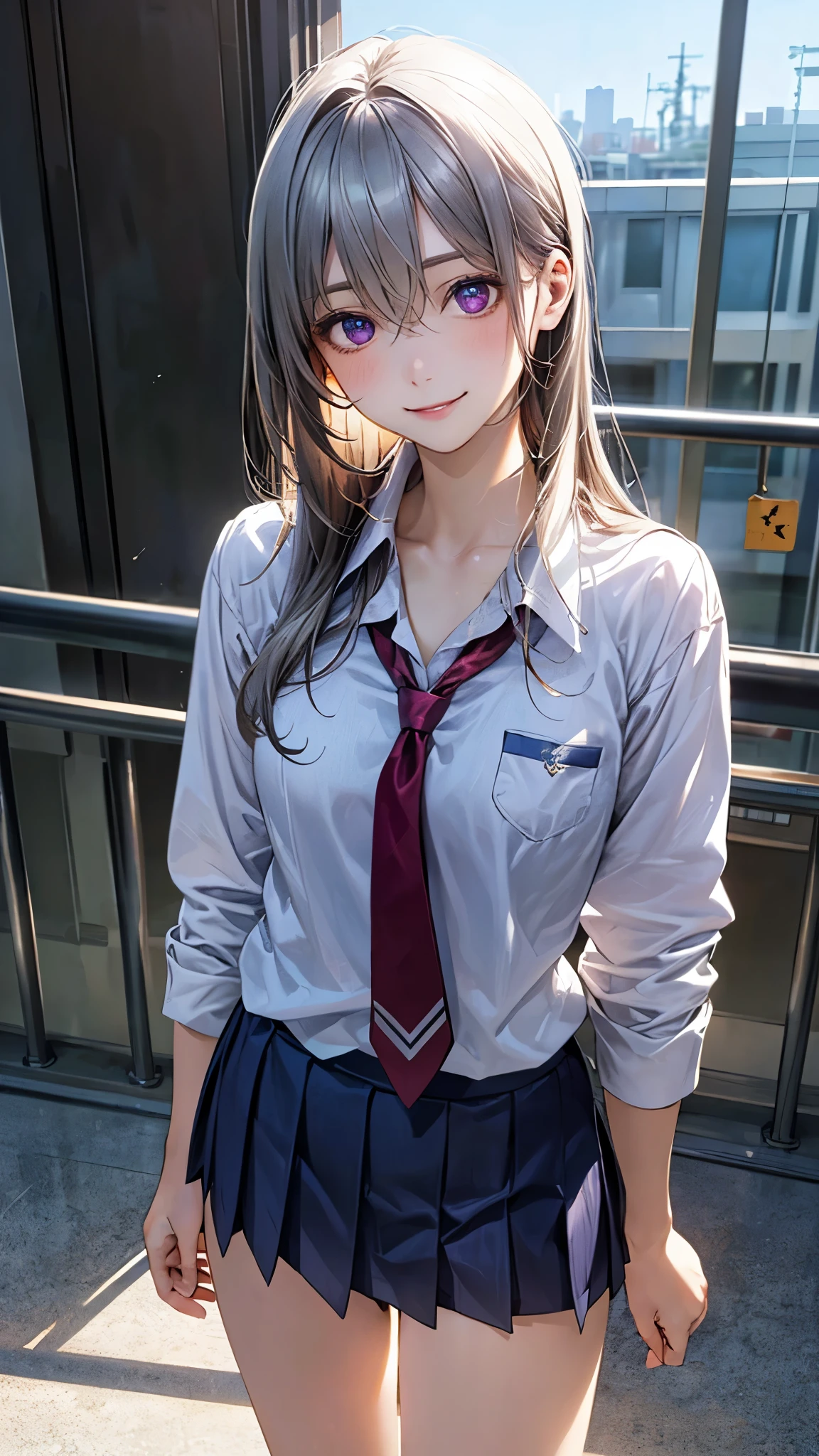 (masterpiece:1.2, top-quality), (realistic, photorealistic:1.4), beautiful illustration, (natural side lighting, movie lighting), nsfw,
looking at viewer, cowboy shot, front view:0.6, 1 girl, japanese, high school girl, perfect face, cute and symmetrical face, shiny skin,
(long hair:1.5, straight hair:1.4, grey hair), hair between eyes, purple eyes, long eye lasher, (medium breasts), slender,
beautiful hair, beautiful face, beautiful detailed eyes, beautiful clavicle, beautiful body, beautiful chest, beautiful thigh, beautiful legs, beautiful fingers,
((private high school uniform, school jacket, white collared shirts, navy pleated mini skirt), navy tie),
(beautiful scenery), evening, (school),, standing, (lovely smile, upper eyes),