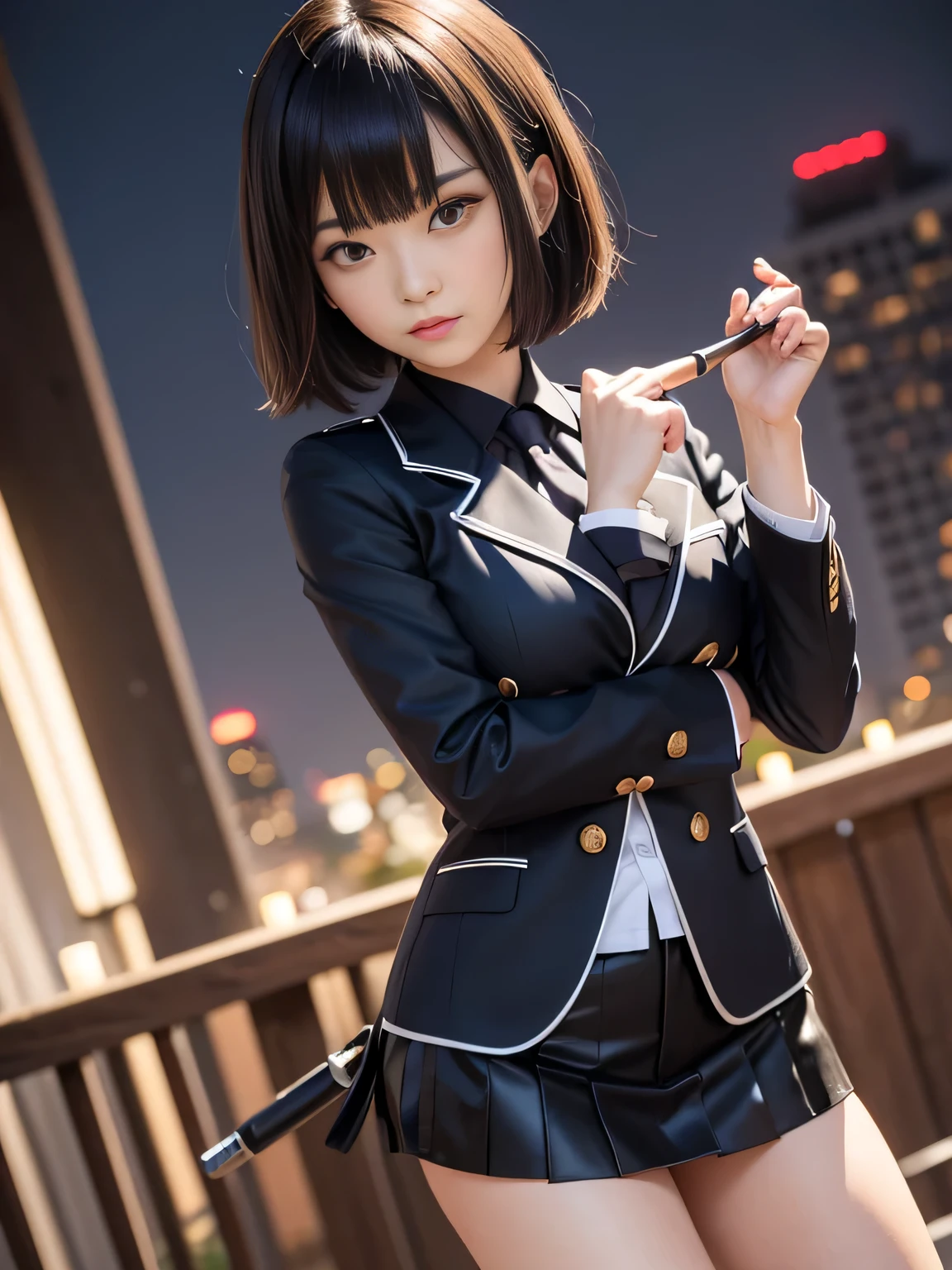 Holding a Japan sword in his right hand、Point the tip of the sword at the camera.、preparing for battle, spread your legs and take a stance、18 year old high school girl、blazer uniform、stern expression、Short bob with black hair、Big city landscape at night