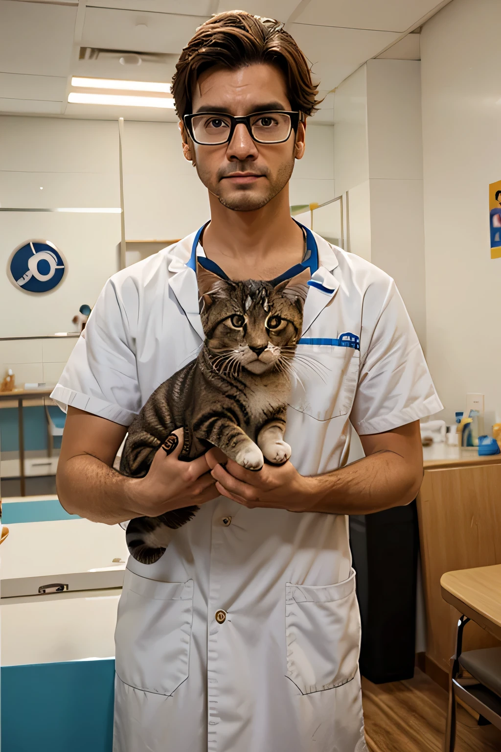 a pixar-style illustration, a veterinarian, jovem, moreno, de cabelos curtos, square glasses, in a veterinary clinic, atendendo um cachorro e um gato.
