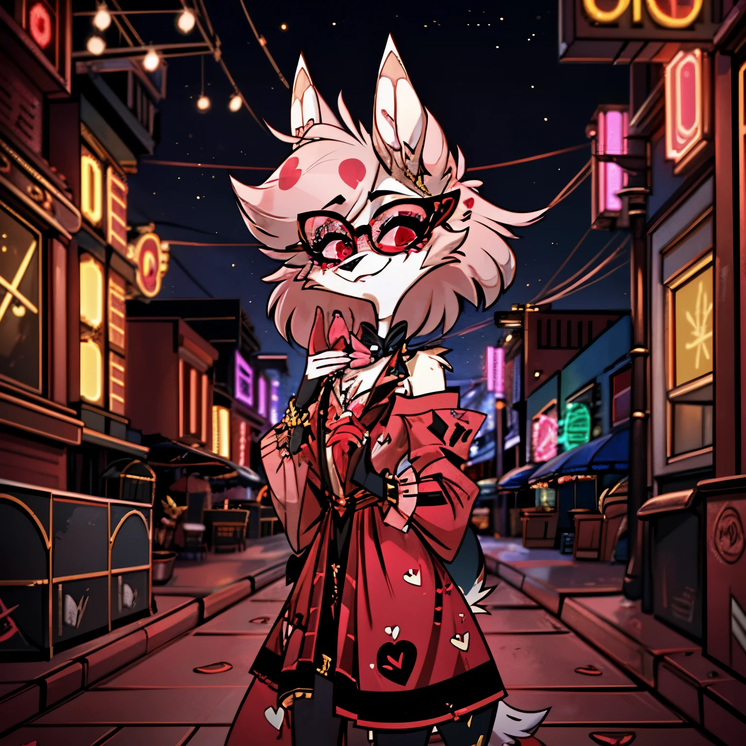 In the solitary realm of Hazbin Hotel, a captivating feminine deer and wolf hybrid demon is the sole character, captivating with her unique presence. Adorned in a color pattern of rose red, white, and gold, she combines the elegance of a deer with the fierce allure of a wolf. Embracing 1970s Chicago fashion, she exudes a stylish vibe, donning a colorful maxi dress with bold patterns, flared sleeves, and oversized sunglasses. Against the vibrant backdrop of bustling city streets, her presence, accentuated by her striking rose red, white, and gold color pattern, adds a captivating allure as the lone embodiment of style in the world of Hazbin Hotel. ((solo)), ((1person))
