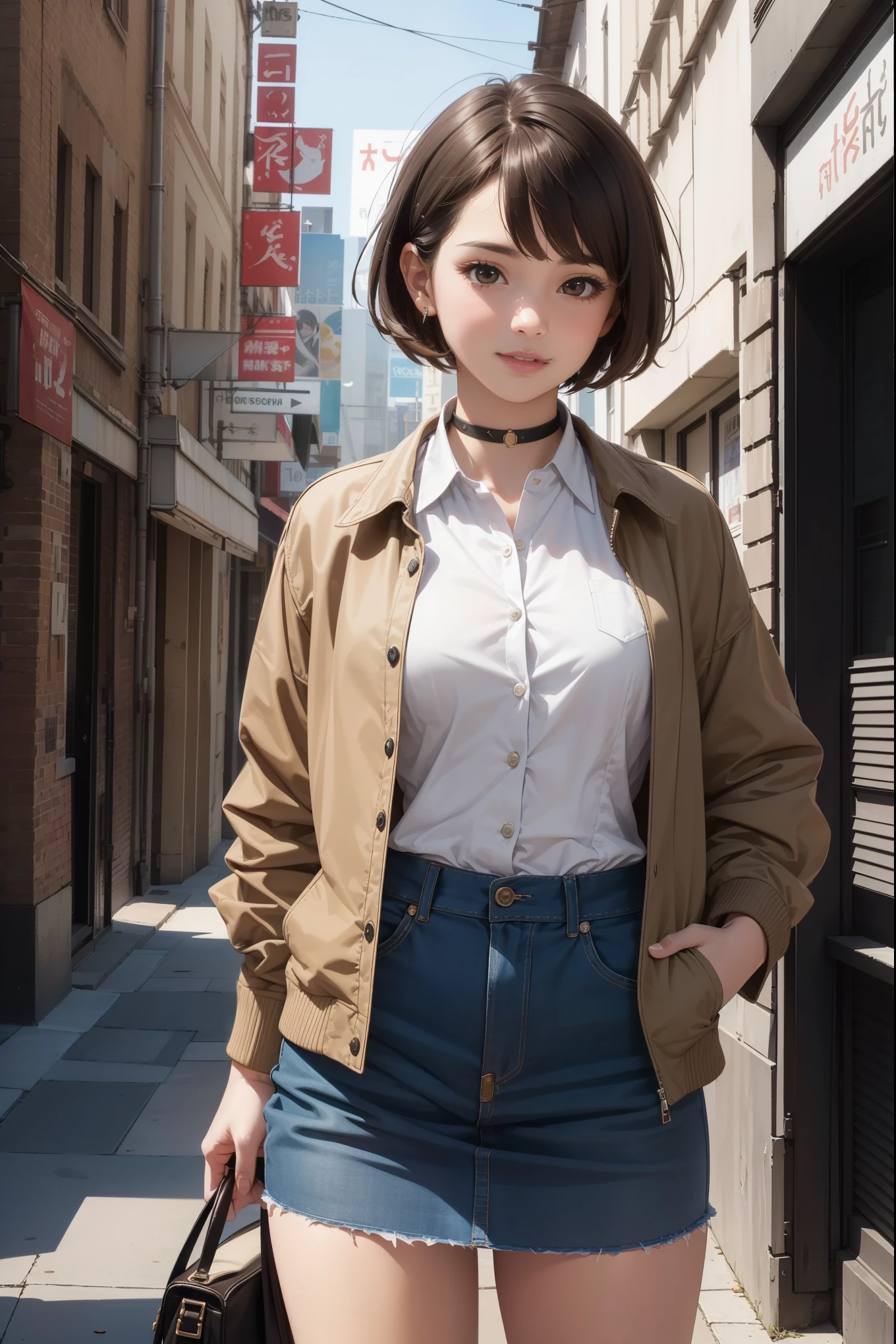 (8K, masterpiece, highest quality, realistic, official art:1.3), detailed face, Detailed small eyes, Fine clothes, detailed skin, detailed shiny hair, (from before, cowboy shot:1.5),
break (boyish girl:1.3), (alone, upright:1.5), big breasts, long legs, smile, (Brown Pixie Cut:1.5), (parted bangs), (tanned skin), skin,
break (cropped jacket, turtleneck shirt, mini skirt), choker, outdoor, downtown, street, spring, (flower),