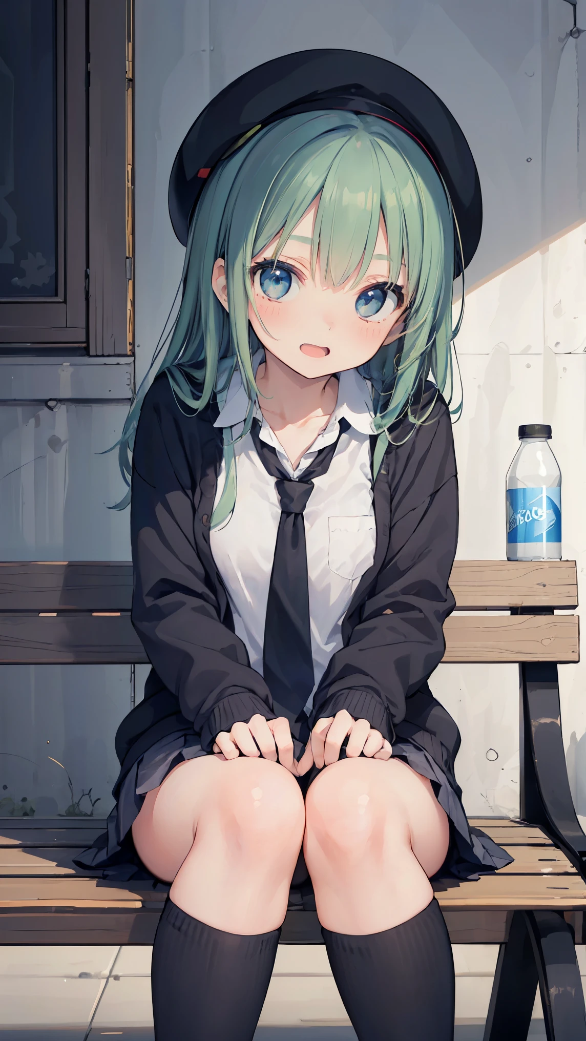 (masterpiece, highest quality), High resolution, detailed face:1.2, anime(1.2), sharpness, 4K, woman posing for a photo, Flustered face, upset, open your mouth, long hair, green hair, straight hair, fine skin, beautiful hands, Beautiful fingers, Wearing a beret, tie, long sleeve blouse, cardigan, pleated skirt, school bag, thighs, Absolute area, knee socks, thighsに手を入れる, during the day, hot summer day, School, schoolyard, sitting on the bench, Canned juiceを持つ, natural lighting, sharp focus, hasselblad photography, cinematic lighting, whole body, Canned juice,