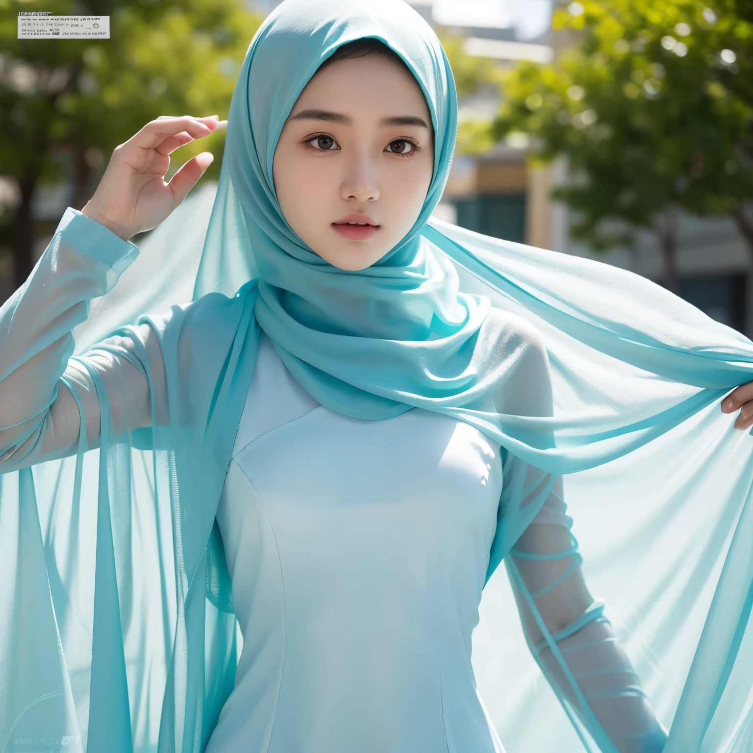 Young japanese 16 years old wearing hijab, Turquoise color hijab, front view, slim, bright lighting, white lighting, detail moist skin pore texture, wrinkles, more below eyes, bokeh, wearing detailed hijab with transparent long dress silky moslem clothes, realistic skin, seductive pose, seducing, sensually model pose, looking viewers, soft focus face, magazine cover, hyper realistic photos. Photo taken with Fujifilm XF 56mm f/1.2 R Lens. 35mm, high detailed, wallpaper quality, good anatomy, body, good hand & fingers (lora:add_detail:0.8)