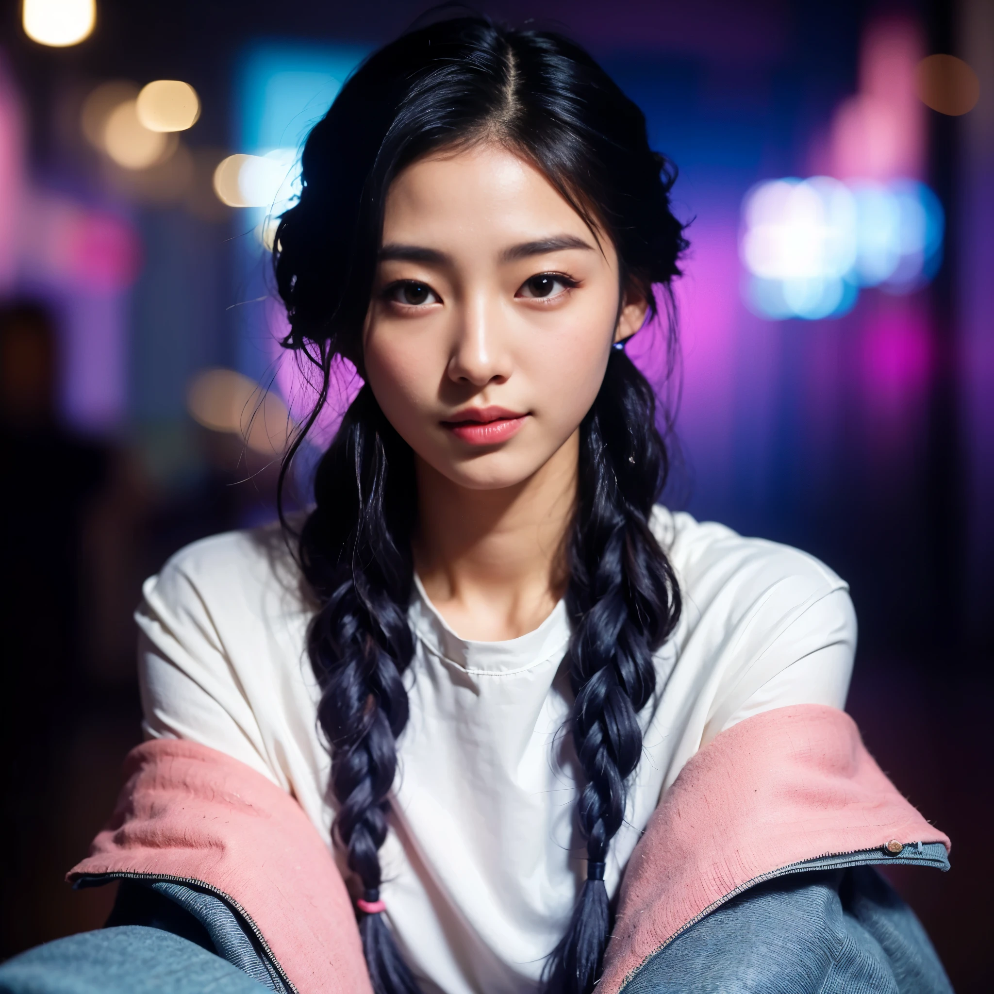arafed woman with long black hair and blue braids sitting on a floor, korean girl, pigtails hairstyle, two pigtails hairstyle, chinese girl, beautiful south korean woman, beautiful asian girl, korean woman, dark light night braided hair, asian girl, with black pigtails, 8k artgerm bokeh, pigtails hair, beautiful young korean woman