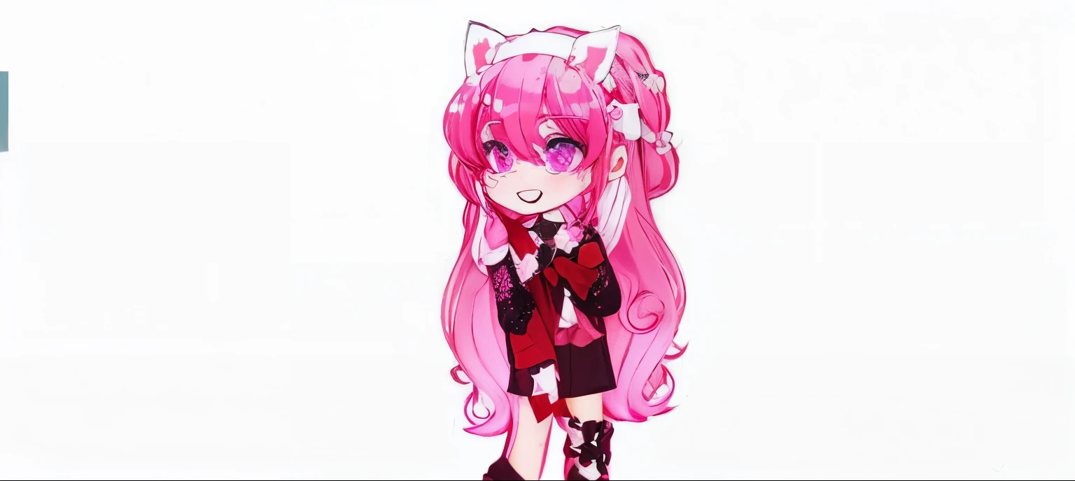 Hair of different shades of pink, light and dark pink eyes. White headband with ears