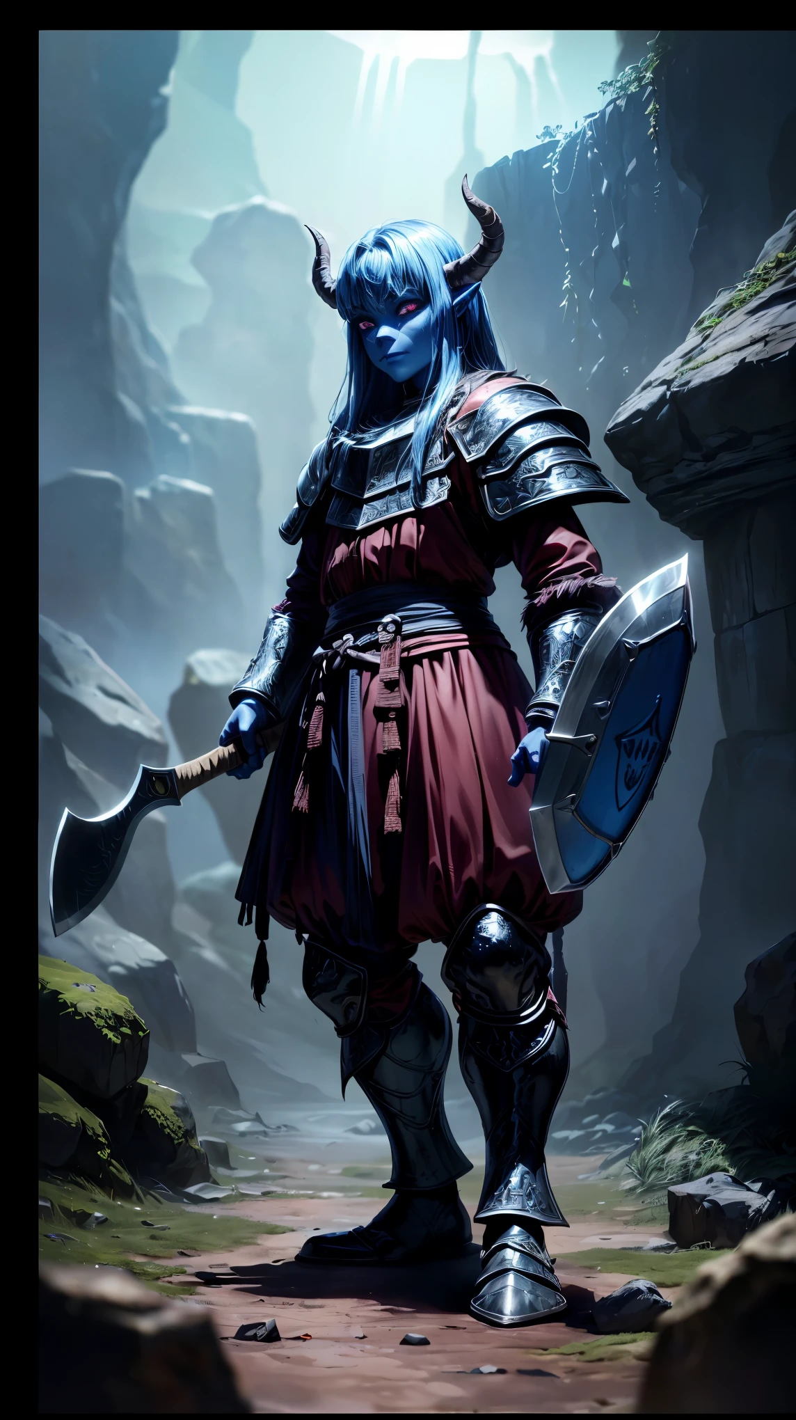 (8K, RAW photo, 最high quality, masterpiece:1.2), High-definition RAW color photo, Professional photo shoot, cinematic light, RPG design, dark fantasy graphics, Humanoid monsters, (((Ogre))), ((full body shot)), (cannibal demon, demon), Giants, ((Giant over 3 meters, likes human flesh, A blue demon equipped with a hatchet and a small shield.:1.2)), intimidate the audience, fantasy art, ((Underground dungeon background, Stone dungeons, labyrinth)), dim lighting, film grain, background bokeh, high quality, surreal, ((very detailed, photo shoot)),