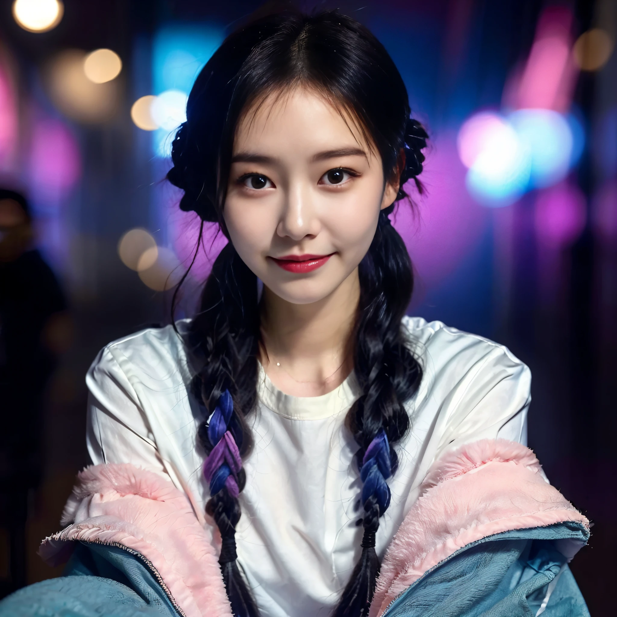 arafed woman with long black hair and blue braids sitting on a floor, korean girl, pigtails hairstyle, two pigtails hairstyle, chinese girl, beautiful south korean woman, beautiful asian girl, korean woman, dark light night braided hair, asian girl, with black pigtails, 8k artgerm bokeh, pigtails hair, beautiful young korean woman