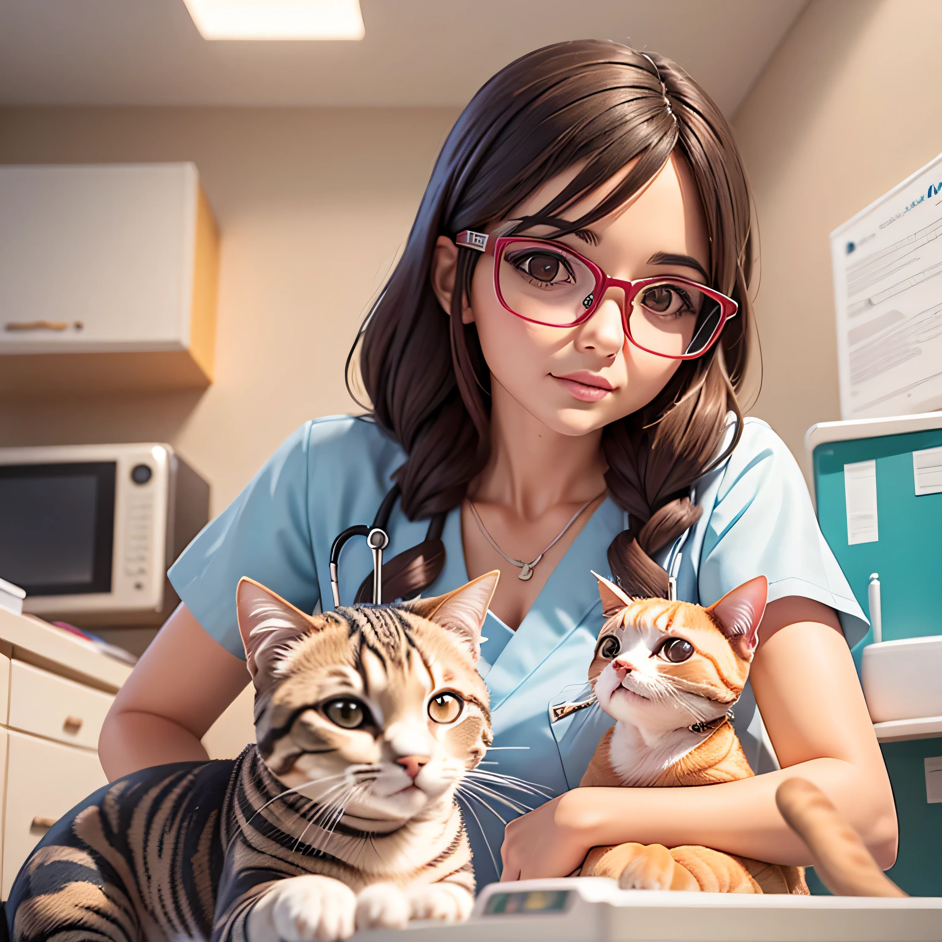 an illustration of a veterinarian, jovem, morena, de cabelos curtos, square glasses, in a veterinary clinic, atendendo um cachorro e um gato.