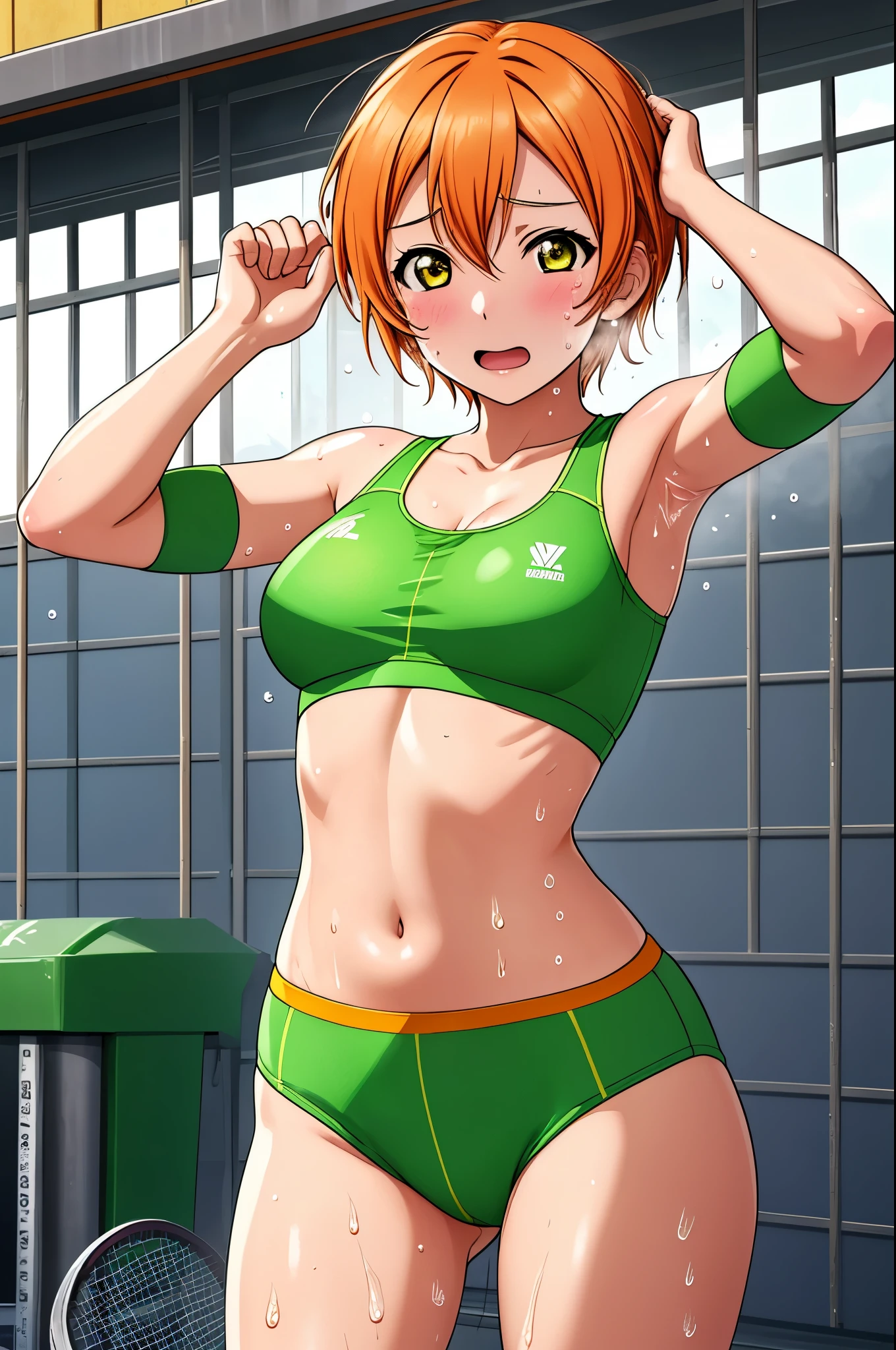 masterpiece, best quality,(hoshizora rin:1.000), cowboy shot,yellow eyes, orange hair, (breasts:0.996), green sports bra,green sports thong, sweating,sweat drops ,(skin tight:1.3)