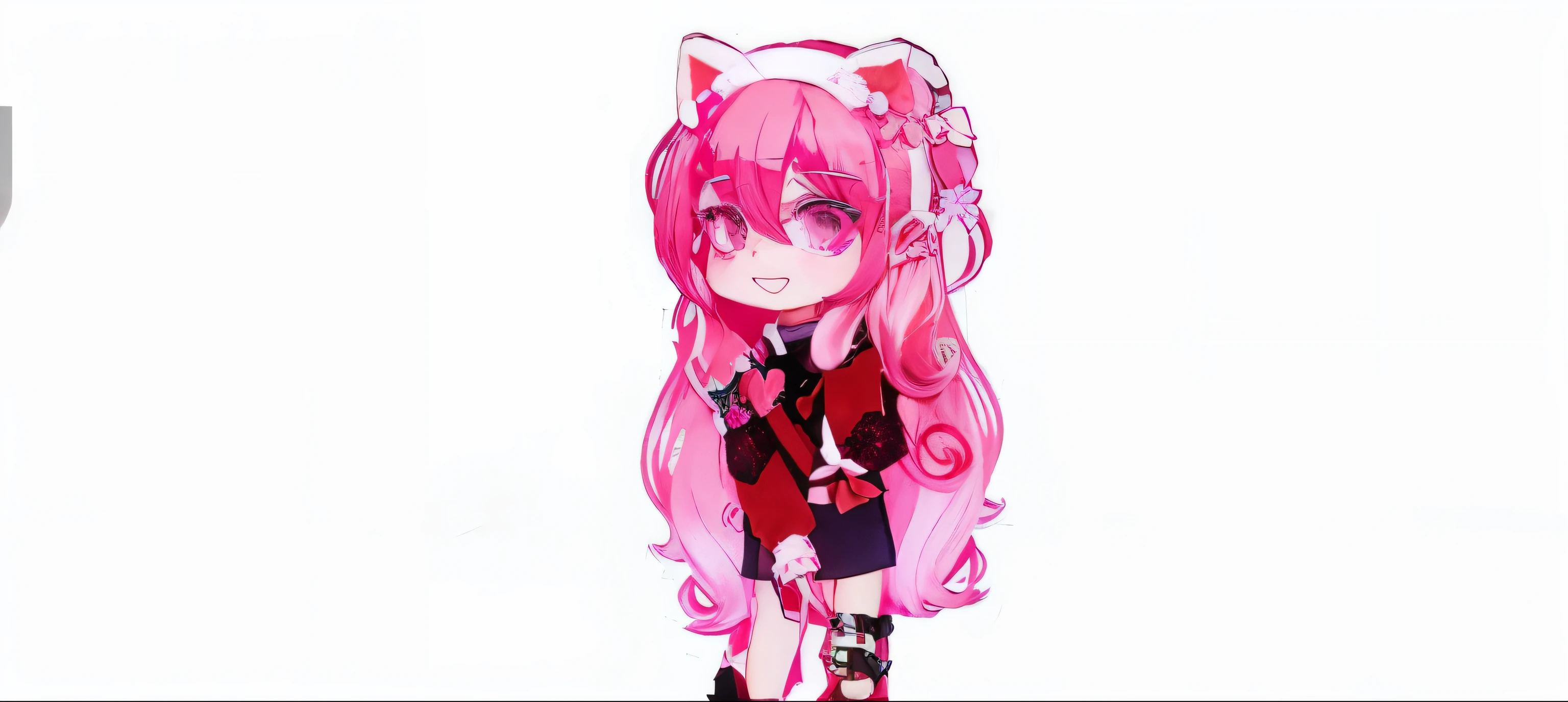 Hair of different shades of pink, light and dark pink eyes. White headband with ears