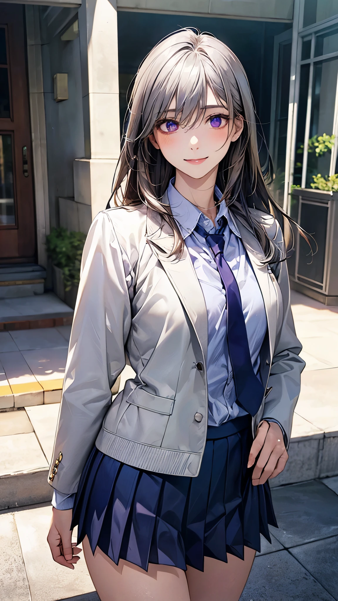 (masterpiece:1.2, top-quality), (realistic, photorealistic:1.4), beautiful illustration, (natural side lighting, movie lighting), nsfw, 
looking at viewer, cowboy shot, front view:0.6, 1 girl, japanese, high school girl, perfect face, cute and symmetrical face, shiny skin, 
(long hair:1.5, straight hair:1.4, grey hair), hair between eyes, purple eyes, long eye lasher, (medium breasts), slender, 
beautiful hair, beautiful face, beautiful detailed eyes, beautiful clavicle, beautiful body, beautiful chest, beautiful thigh, beautiful legs, beautiful fingers, 
((private high school uniform, white school jacket, white collared shirts, navy pleated mini skirt), navy tie), 
(beautiful scenery), evening, (school),, standing, (lovely smile, upper eyes), 