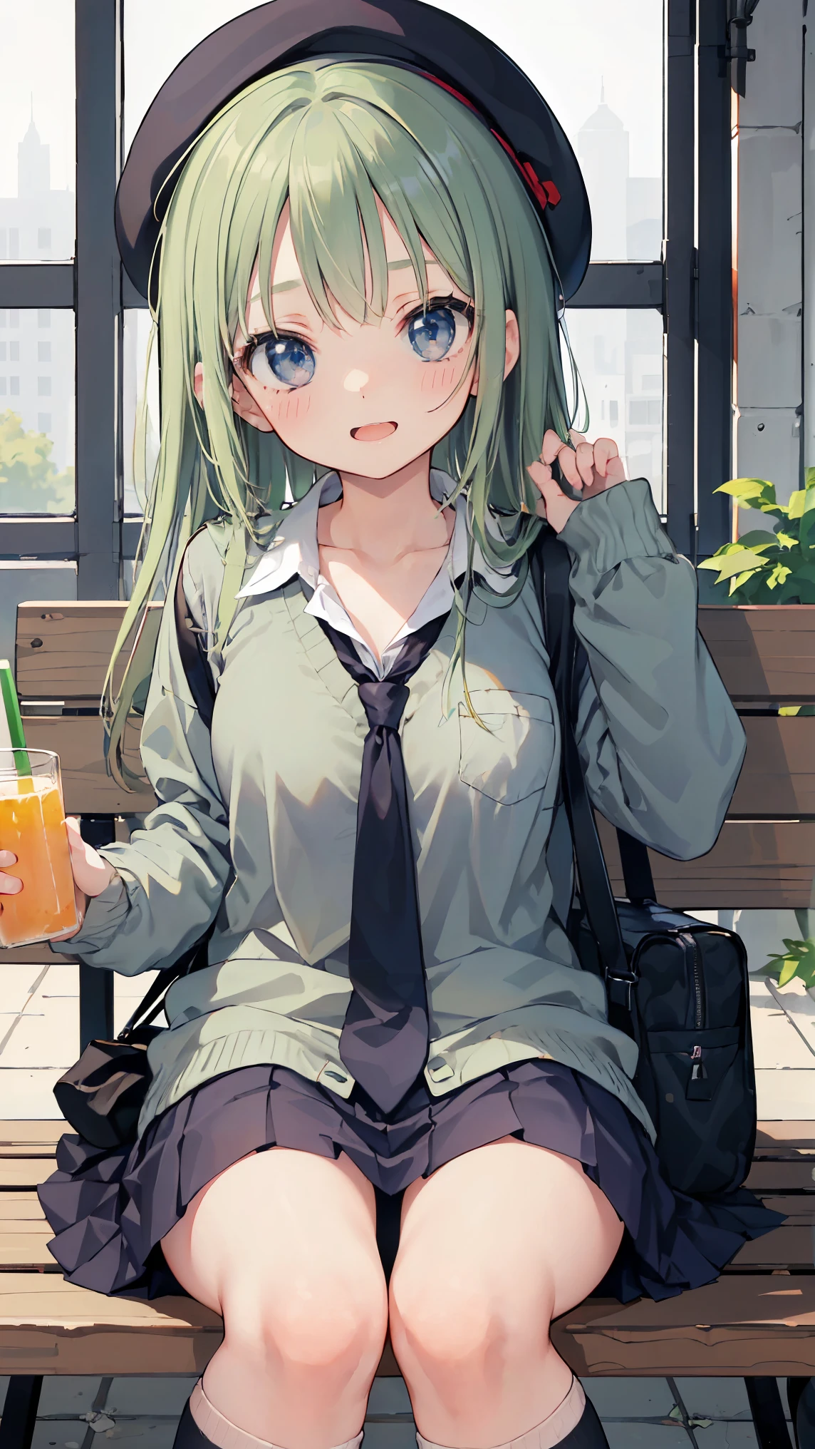 (masterpiece, highest quality), High resolution, detailed face:1.2, anime(1.2), sharpness, 4K, woman posing for a photo, Flustered face, upset, open your mouth, long hair, green hair, straight hair, fine skin, beautiful hands, Beautiful fingers, Wearing a beret, tie, long sleeve blouse, cardigan, pleated skirt, school bag, thighs, Absolute area, knee socks, thighsに手を入れる, during the day, hot summer day, School, schoolyard, sitting on the bench, Canned juiceを持つ, natural lighting, sharp focus, hasselblad photography, cinematic lighting, whole body, Canned juice, 