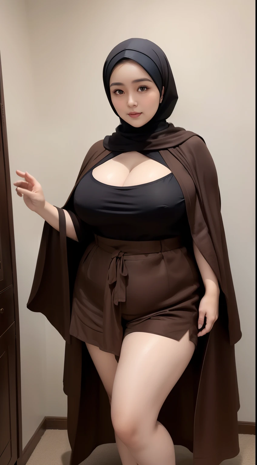 woman in brown dress and shorts hairstyle posing of the dark room, wearing brown clothes and cape, hijab outfit, with a long brown cape, hijab fashion model, plus size, plus size woman, wearing brown robe, woman in brown robes, beautiful burqa's woman, thicc, brown outfit,, wearing a brown robe, brown , with cape, bbwchan, large cleavage, very large cleavage, massive cleavage , wearing a sneakers, 35 years old woman, asian women , short hair