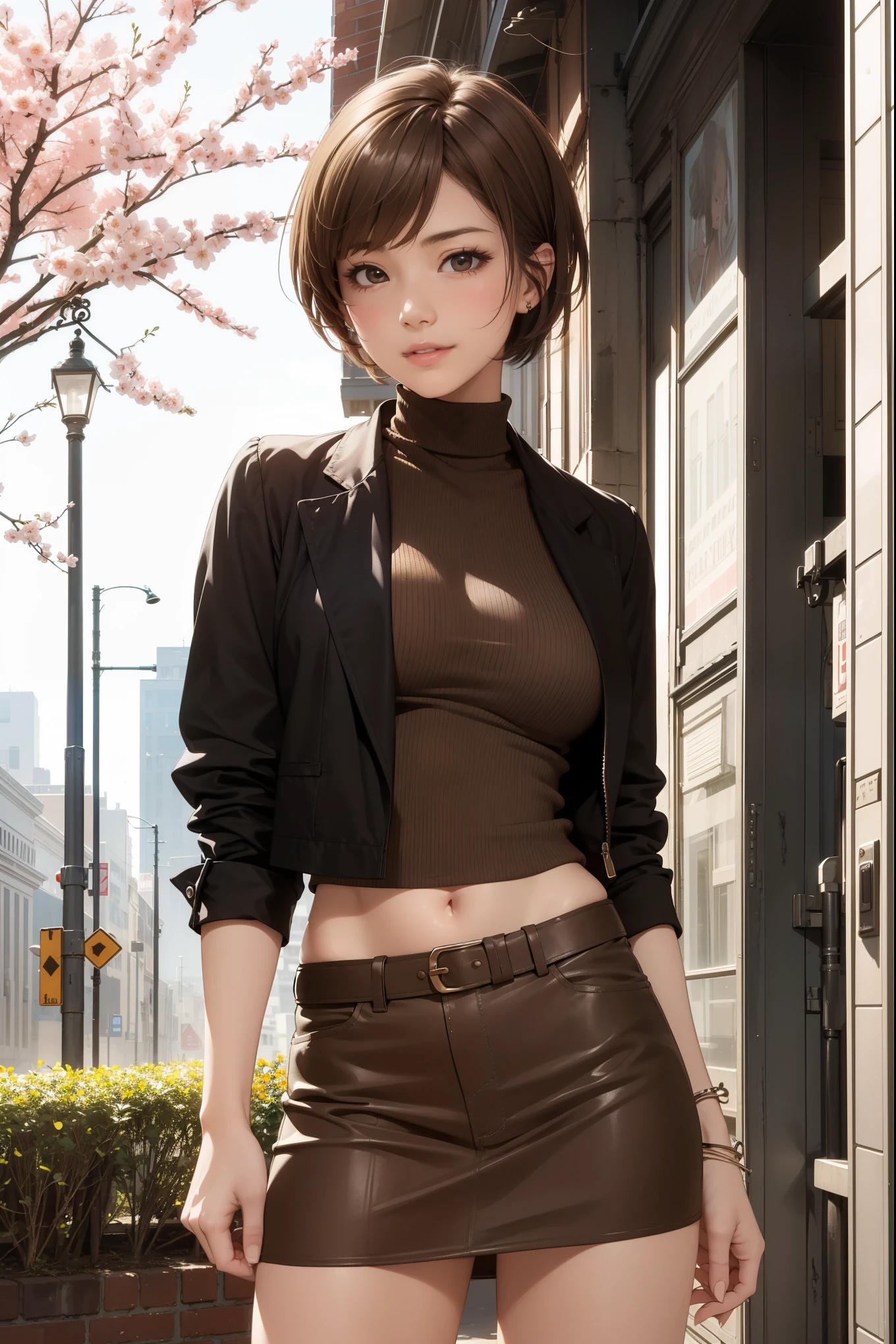 (8k, masterpiece, best quality, realistic, official art:1.3), detailed face, detailed small eyes, detailed clothes, detailed skin, detailed shiny hair, (from front, cowboy shot:1.5),
BREAK (boyish girl:1.3), (solo, standing upright:1.5), large breasts, long legs, smile, (brown pixie cut:1.5), (parted bangs), (tanned skin), skin,
BREAK (cropped jacket, turtleneck shirt, miniskirt), choker, outdoors, downtown, street, spring, (blossoms),