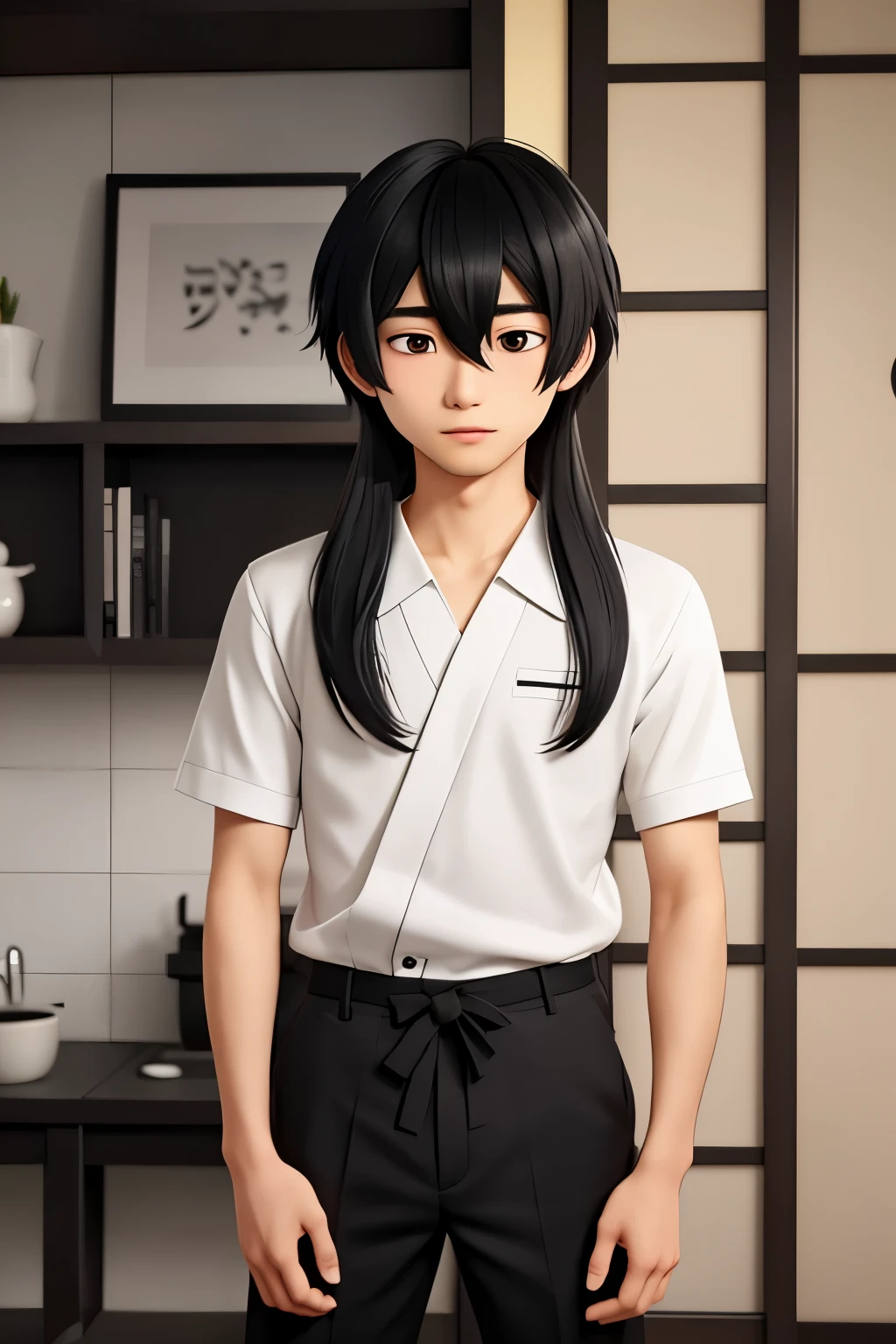 The 22-year-old Japanese man has black hair that doesn't touch his shoulders and his bangs just barely touch his eyes. He's not that good-looking or ugly.