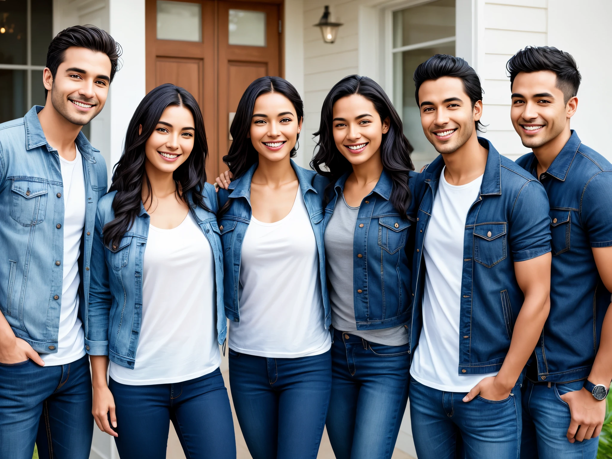 photograph of jg-jc0n, an effortlessly 5 happy people next door wearing a plain tshirt and jacket, (happy excited smile), jeans, photoreal, hyperrealism, best quality, (natural skin texture, highly detailed face), masterpiece, sharp focus, absurdres, by arny freytag
