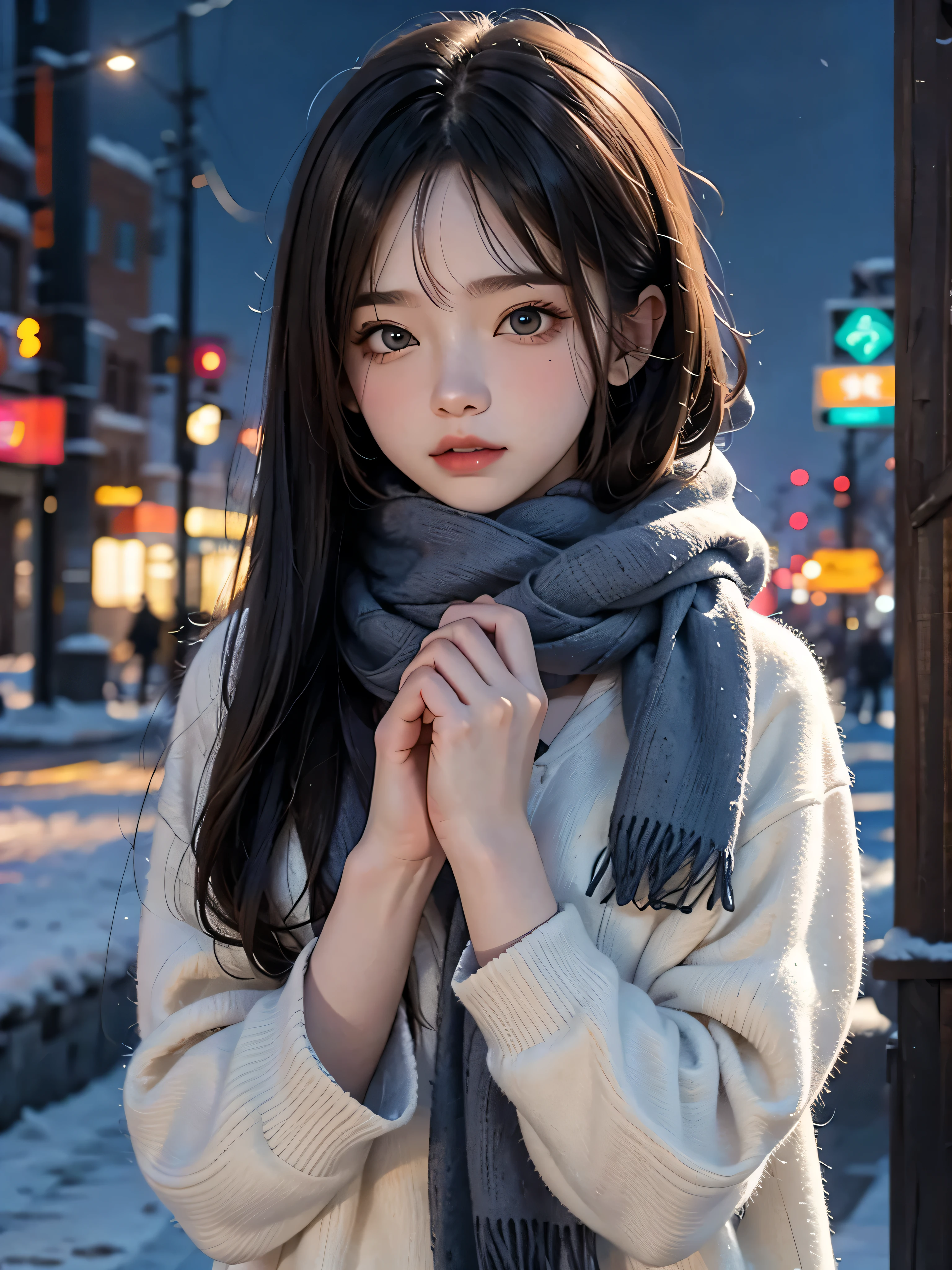 High-quality 18-year-old female high school student wearing a scarf in the night view of Snow City in winter