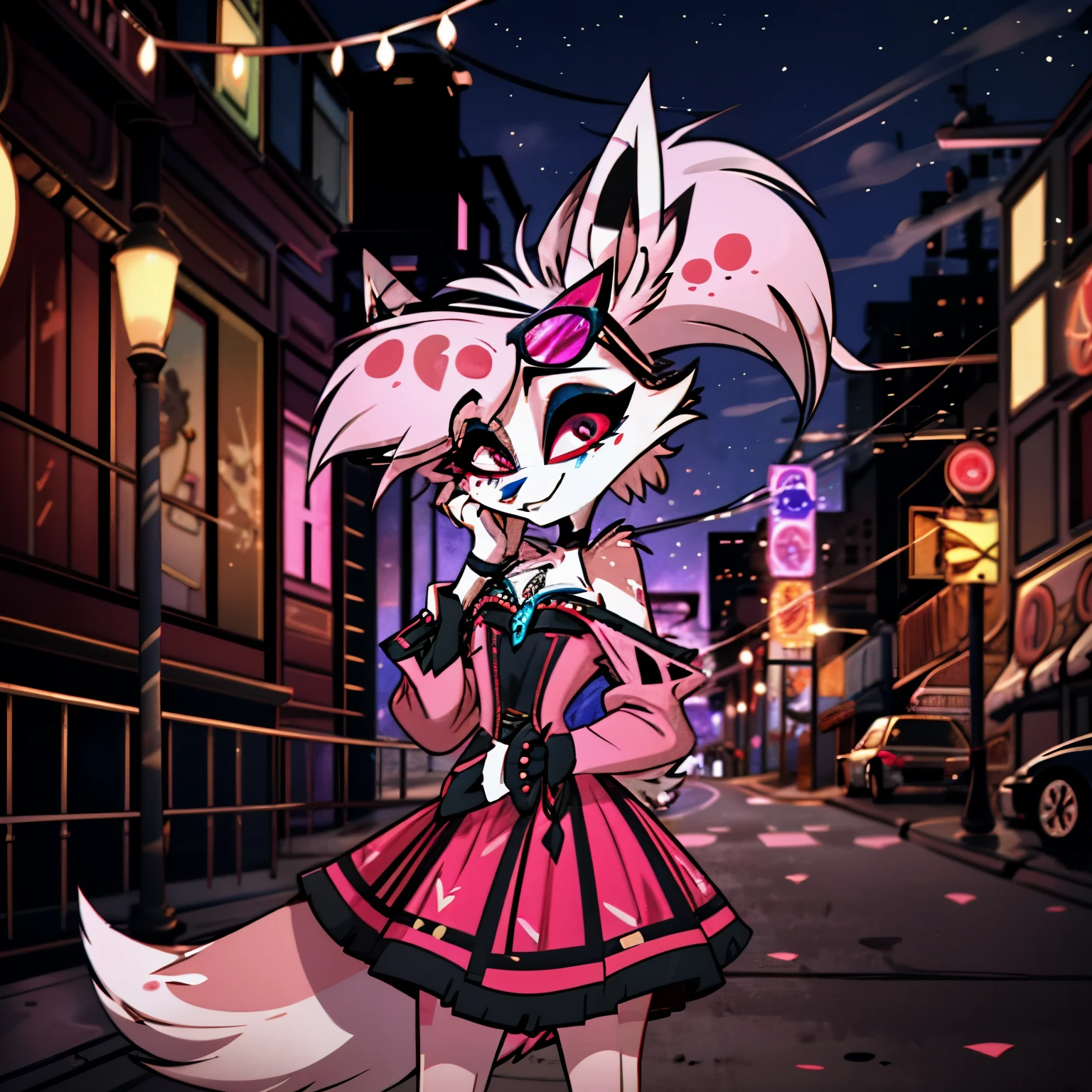 In the solitary realm of Hazbin Hotel, a captivating feminine deer and wolf hybrid demon is the sole character, mesmerizing with her unique presence. Adorned in a color pattern of blue, pink, and black, she combines the elegance of a deer with the fierce allure of a wolf. Embracing 1970s Chicago fashion, she exudes a stylish vibe, donning a colorful maxi dress with bold patterns, flared sleeves, and oversized sunglasses. Against the vibrant backdrop of bustling city streets, her presence, accentuated by her striking blue, pink, and black color pattern, adds a captivating allure as the lone embodiment of style in the world of Hazbin Hotel. ((solo)), ((1character))