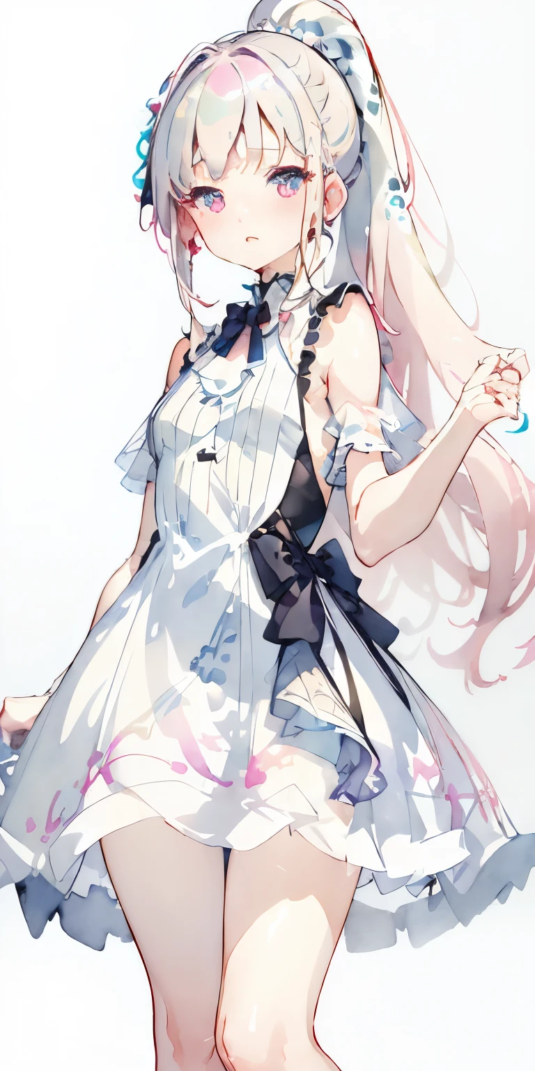 (((blurred background、Light colored watercolor style background:1.2)))、one girl、16talent、anatomy、small face、small、small鼻、pale pink eyes、Loosely braided low ponytail、light pink hair、small breasts、black dress open neck dress、random pose、highest quality、High resolution、High resolution、cinematic lighting、professional photographer
