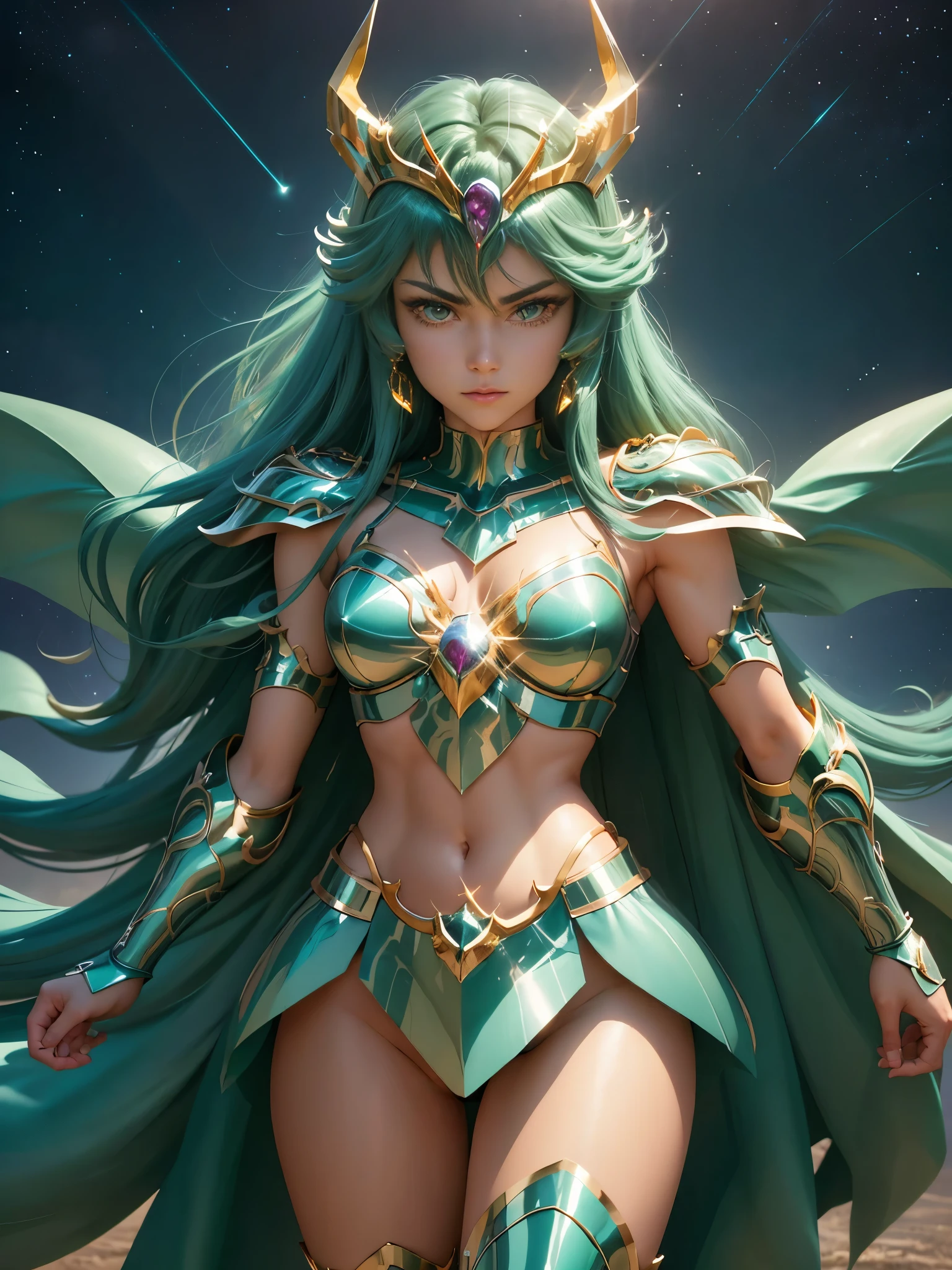 Ultra-high saturation，（tmasterpiece）， fully body photo，（best qualtiy）， （1girll）， starryskybackground，Wearing shiny gold armor， very sexy lingerie type armor，Expose your chest，Expose the waistline，Exposing thighs，cool-pose， Saint Seiya Armor， messy  hair，high detal, Anime style, Cinematic lighting, Sparkle, god light, Ray tracing, filmgrain, hyper HD, textureskin, super detailing, Anatomical correct, A high resolution，Ultra-high saturation，hight contrast，High-gloss green armor，Smooth skin，Serious expressions,dragon lighting at background