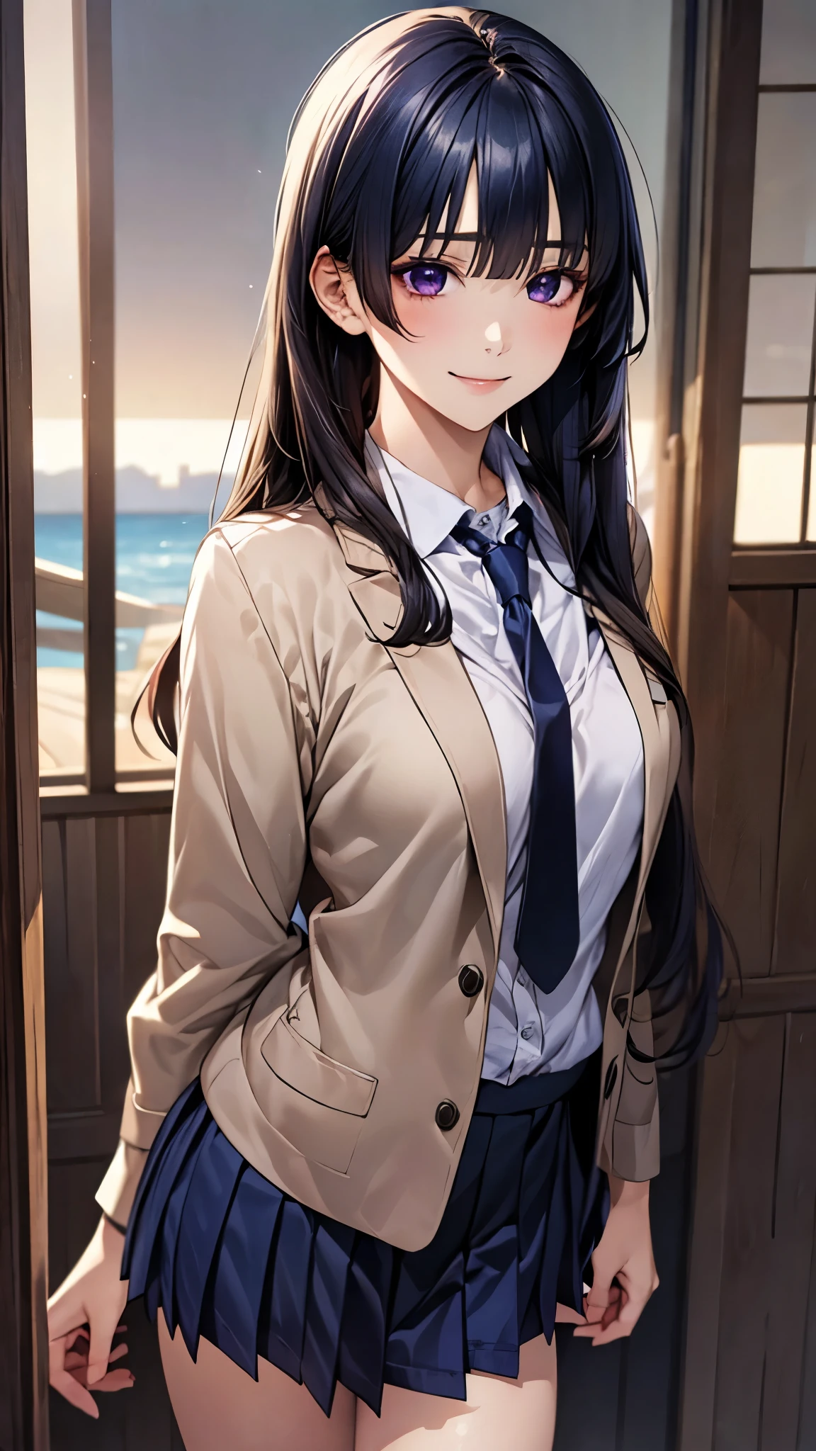 (masterpiece:1.2, top-quality), (realistic, photorealistic:1.4), beautiful illustration, (natural side lighting, movie lighting), nsfw, 
looking at viewer, 1 girl, japanese, high school girl, perfect face, cute and symmetrical face, shiny skin, 
(long hair:1.5, straight hair:1.4, black hair), (hair between eyes), purple eyes, big eyes, long eye lasher, (medium breasts), slender, 
beautiful hair, beautiful face, beautiful detailed eyes, beautiful clavicle, beautiful body, beautiful chest, beautiful thigh, beautiful legs, beautiful fingers, 
((private high school uniform, school jacket, white collared shirts, navy pleated mini skirt), navy tie), 
(beautiful scenery), evening, (school),, standing, (lovely smile, upper eyes), 