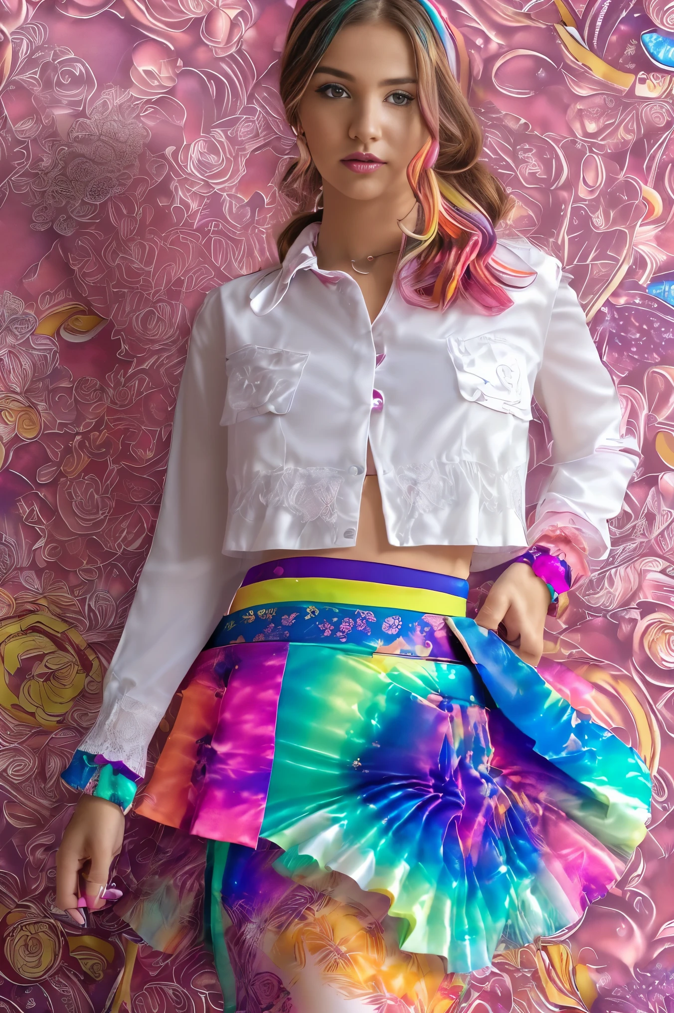 ((( European young girl, years old))), ((In a see throughcrop top, mini skirt, High-heeledshoes, stocklings)), ((effeminate)), ((Huge-breasts: 3.5, Burst breasts)), stands in front of the mirror and touches her self, bright colours, Sexual tension, oily sheen, Wide angle, tmasterpiece, beste-Qualit, ultradetail, 16k, UHD, ((full-length photo)), ((hair light)), plump sexy lips, Casual Sexy Pose, Very beautiful make-up, ((deep neckline)), Gorgeous female figure, jewelries (((Be colorful:1.3、 Pop and cute room:1.3、Very colorful room wallpaper:1.5)))、Beautiful woman in standing pose young years old、((Shot from head to knee))　(8K)、(highest quality)、(master piece:1.2)、(real)、(photorealistic:1.37)、Super detailed、Clear like a photo、detailed eyes、Gradation、perfect anatomical body proportions, Nikon Z9 80mm lens 、muste piece、solo、Detailed patterns、(((skirt lift:1.4)))、((Lift the shirt with both hands:1.4))、See-through pink sports bra, naked
