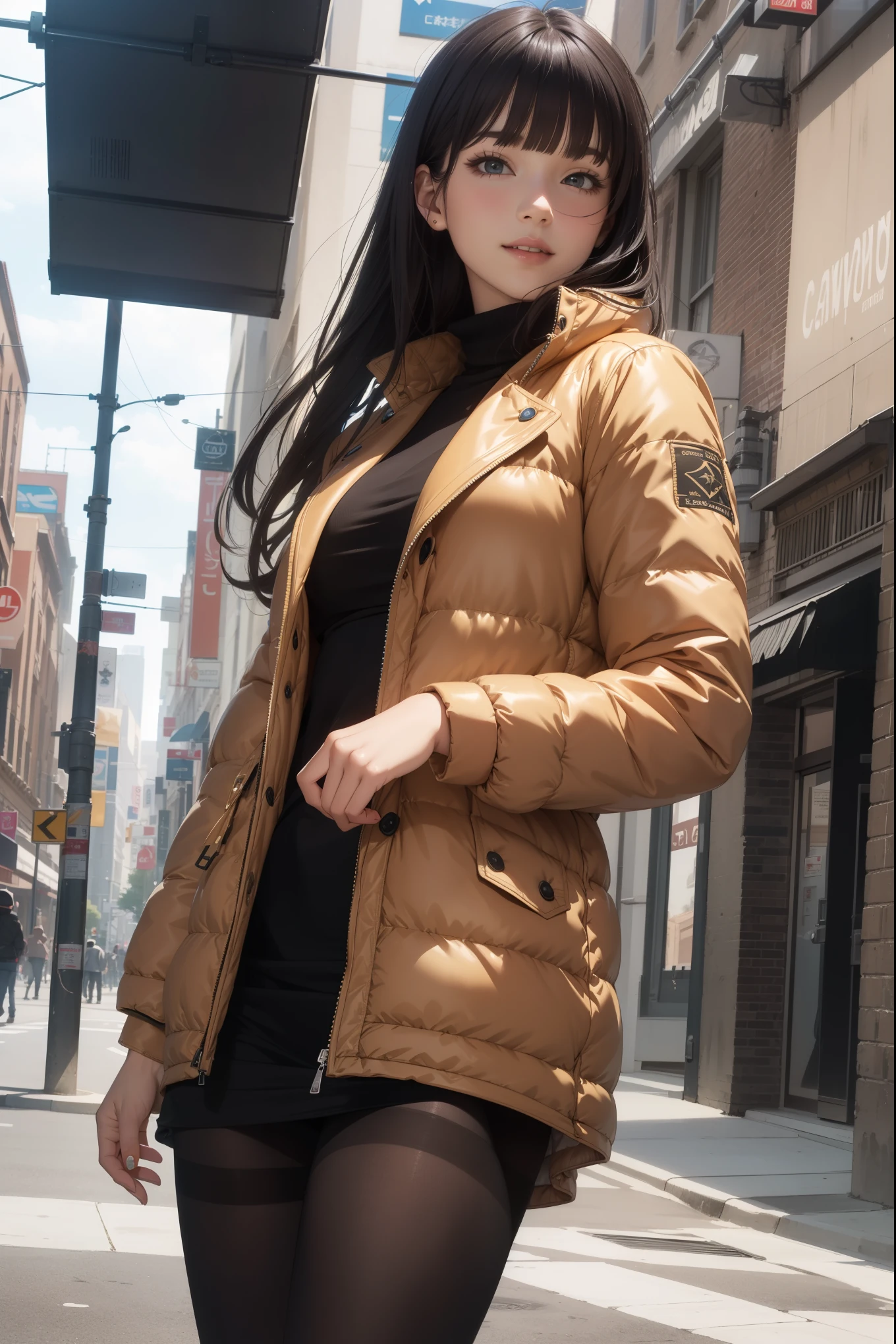 (8k, masterpiece, best quality, realistic, official art:1.3), detailed face, detailed small eyes, detailed clothes, detailed skin, detailed shiny hair, (from front, cowboy shot:1.5), BREAK (beautiful girl:1.3), (solo, standing upright:1.5), large breasts, long legs, smile, (black long straight hair, blunt bangs:1.2), (fair skin), BREAK (down jacket, turtleneck shirt, miniskirt, pantyhose), outdoors, downtown, street,