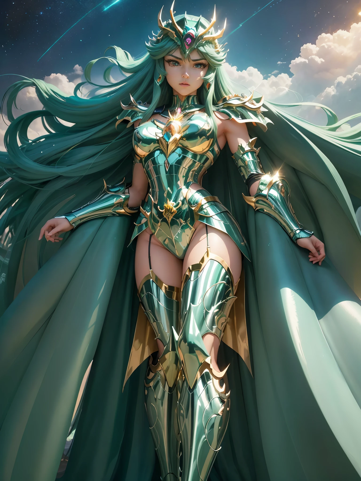 Ultra-high saturation，（tmasterpiece）， fully body photo，（best qualtiy）， （1girll）， starryskybackground，Wearing shiny gold armor， very sexy lingerie type armor，Expose your chest，Expose the waistline，Exposing thighs，cool-pose， Saint Seiya Armor， messy  hair，high detal, Anime style, Cinematic lighting, Sparkle, god light, Ray tracing, filmgrain, hyper HD, textureskin, super detailing, Anatomical correct, A high resolution，Ultra-high saturation，hight contrast，High-gloss green armor，Smooth skin，Serious expressions,dragon lighting at background