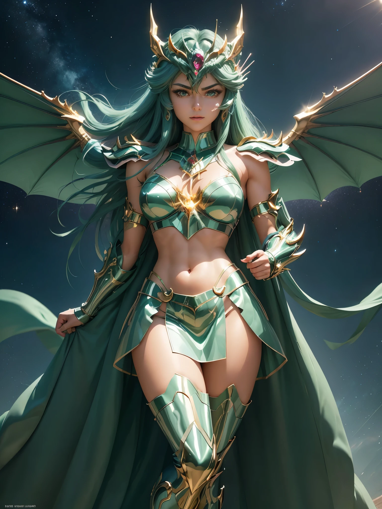 Ultra-high saturation，（tmasterpiece）， fully body photo，（best qualtiy）， （1girll）， starryskybackground，Wearing shiny gold armor， very sexy lingerie type armor，Expose your chest，Expose the waistline，Exposing thighs，cool-pose， Saint Seiya Armor， messy  hair，high detal, Anime style, Cinematic lighting, Sparkle, god light, Ray tracing, filmgrain, hyper HD, textureskin, super detailing, Anatomical correct, A high resolution，Ultra-high saturation，hight contrast，High-gloss green armor，Smooth skin，Serious expressions,dragon lighting at background