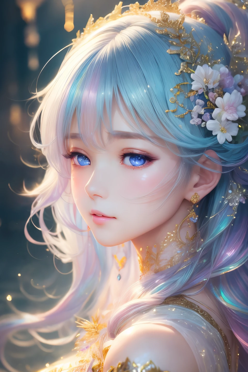 best quality, 32k, RAW photo, incredibly absurdres, extremely detailed, delicate texture, beautiful woman, side glances, enchanted expressions, background iridescent pastel colors, fantastic fog mist, (falling gold dust: 0.7)