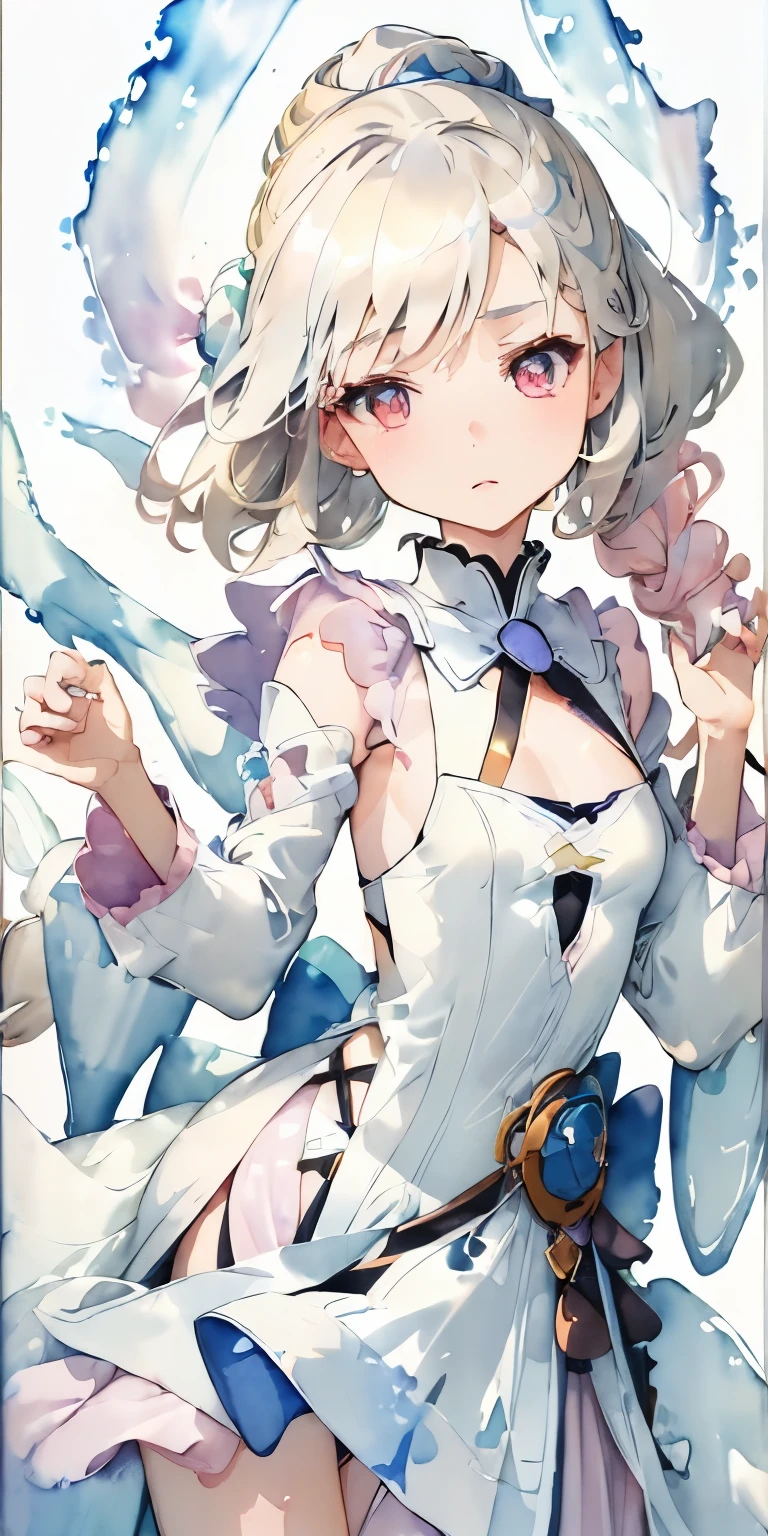 (((Light colored watercolor style background:1.2)))、one girl、１６talent、anatomy、small face、small、small鼻、pale pink eyes、Loosely braided low ponytail、light pink hair、small breasts、black dress open neck dress、random pose、highest quality、High resolution、High resolution、cinematic lighting、professional photographer、